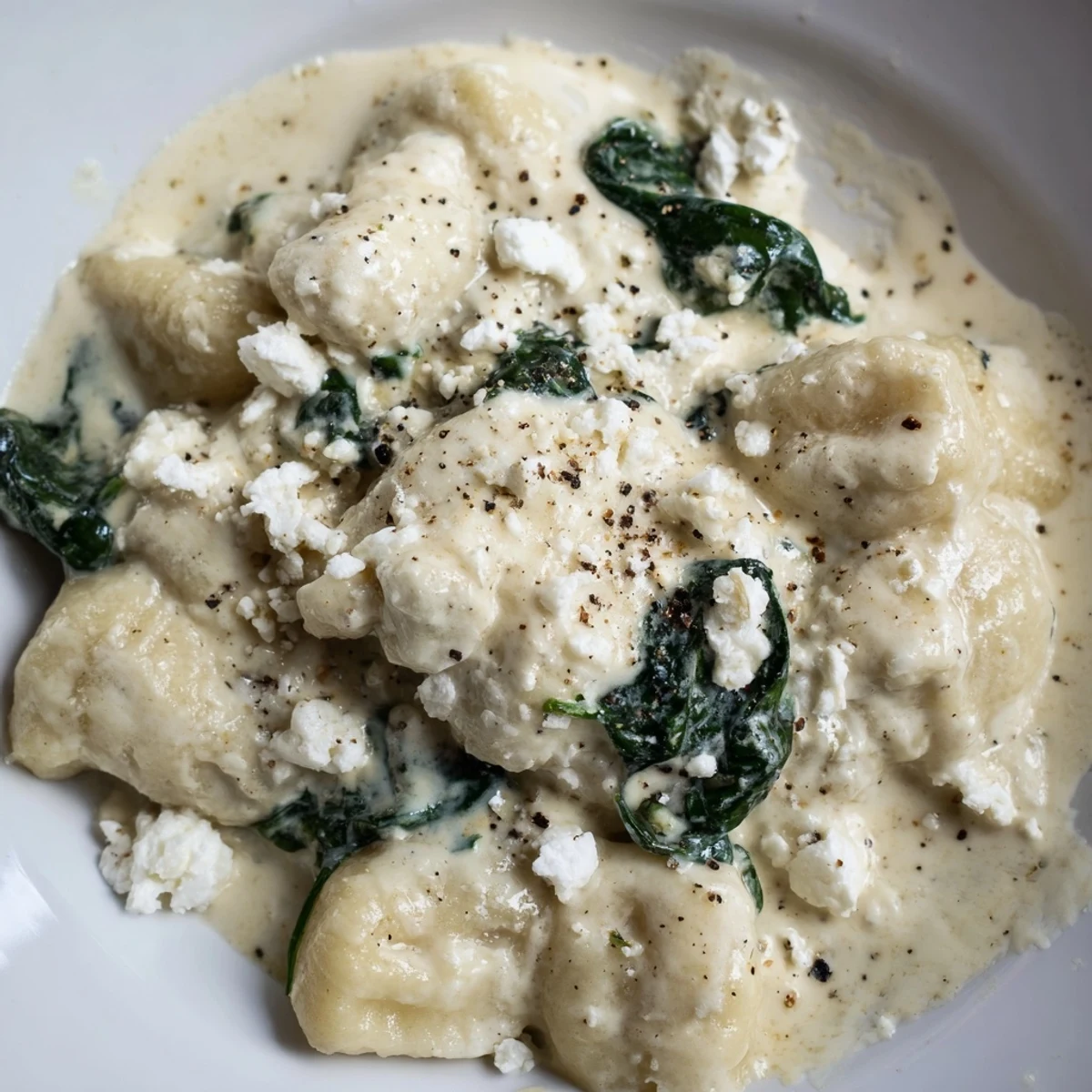 Tender potato gnocchi with spinach and feta glistening in rich cream sauce