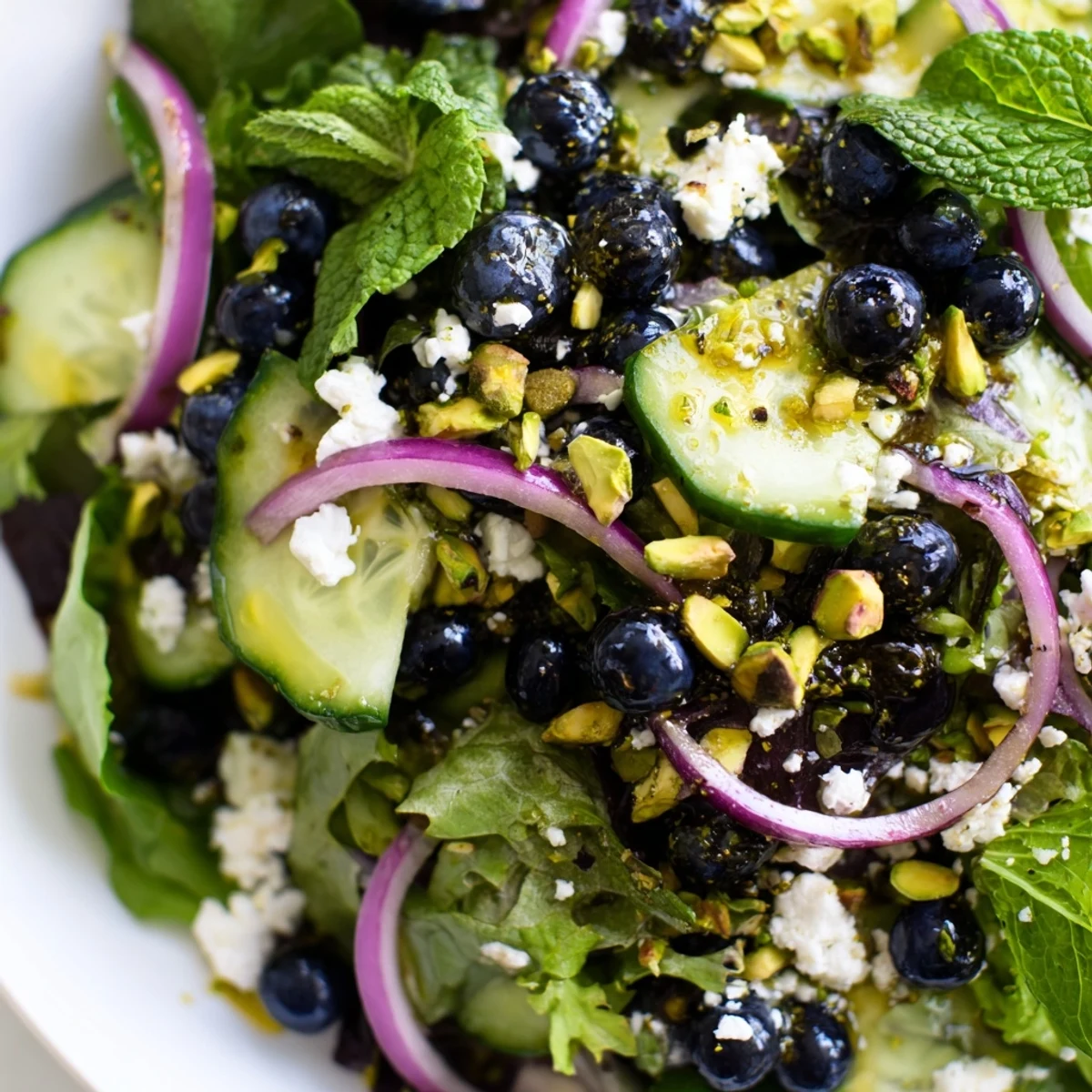Blueberry Pistachio Spring Salad topped with crumbled feta and drizzled with lemon honey vinaigrette