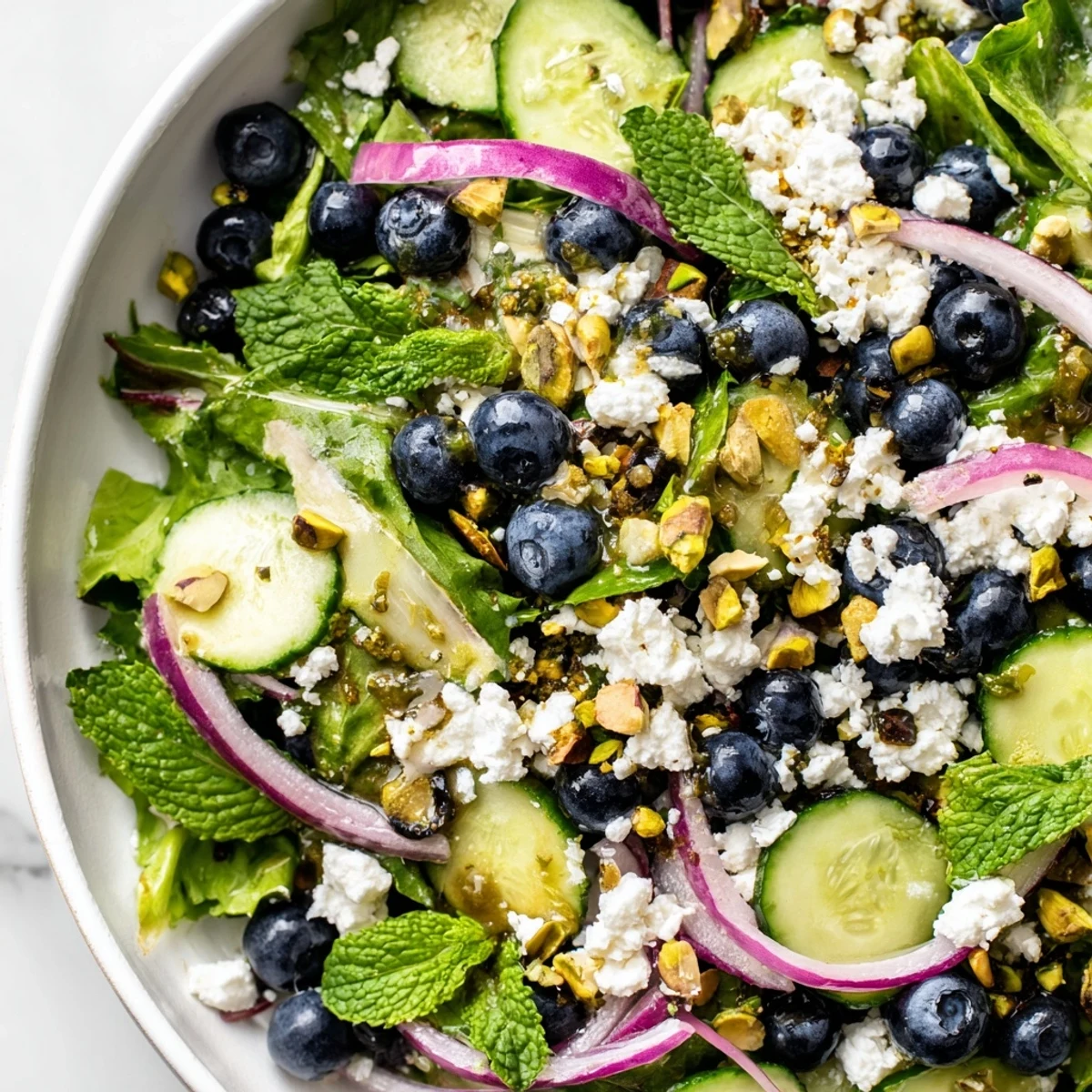 Fresh Blueberry Pistachio Spring Salad in a white bowl with zesty dressing and mint leaves