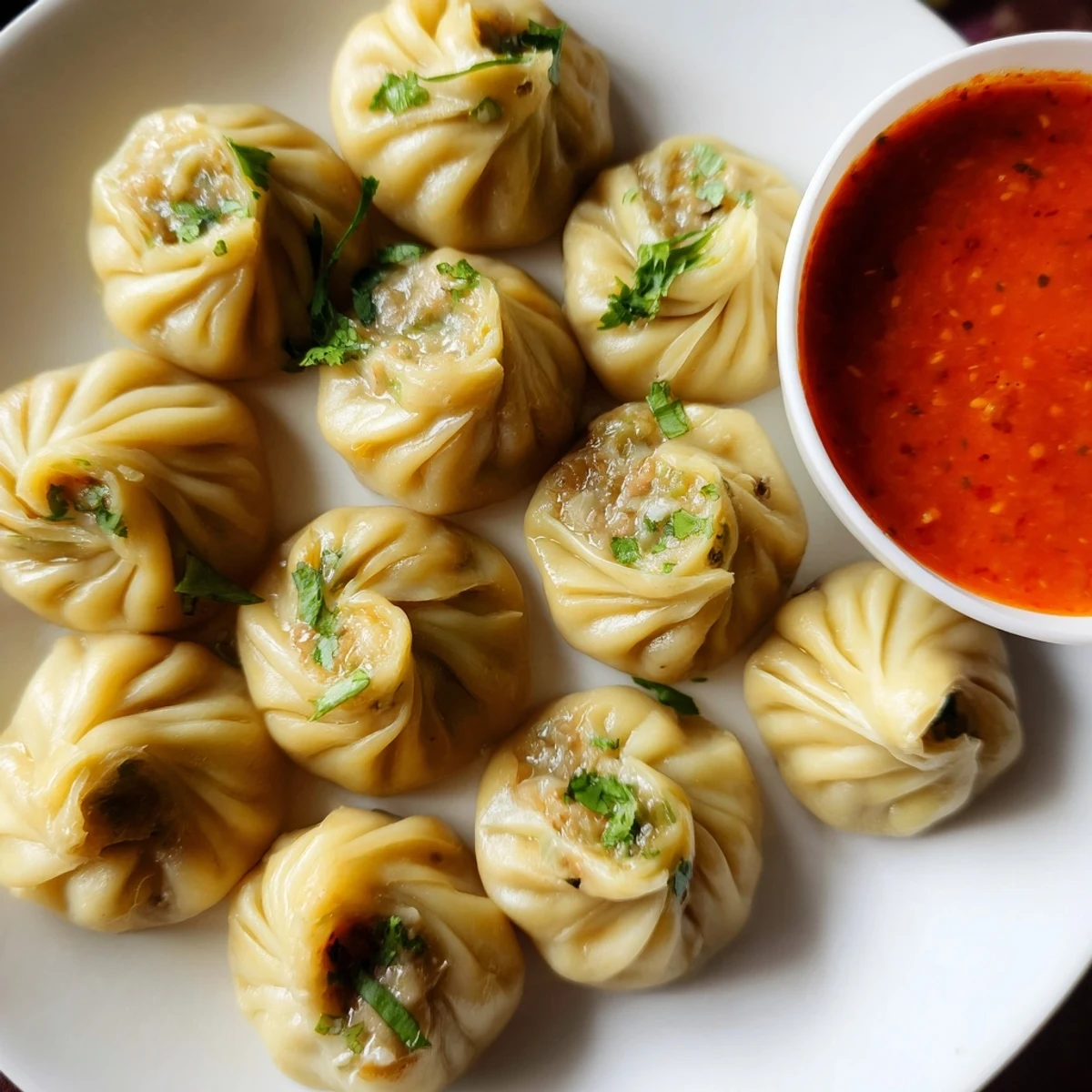 Steaming hot Nepali momo dumplings arranged on a bamboo steamer with tomato dipping sauce