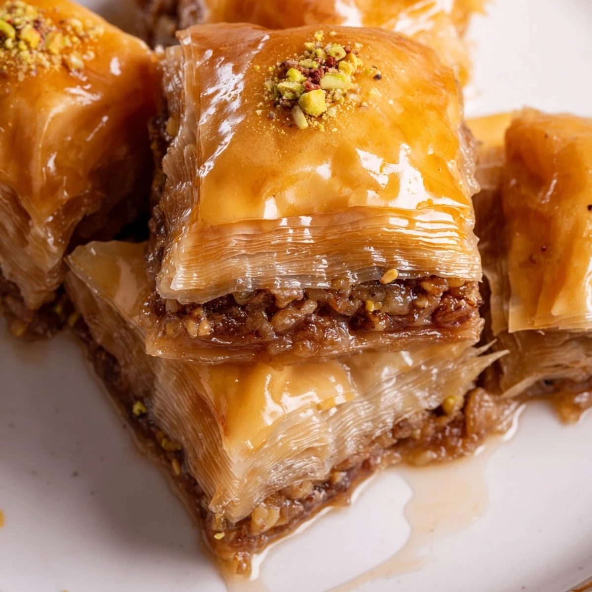 Golden Bosnian baklava diamonds glistening with sweet syrup on a white serving plate