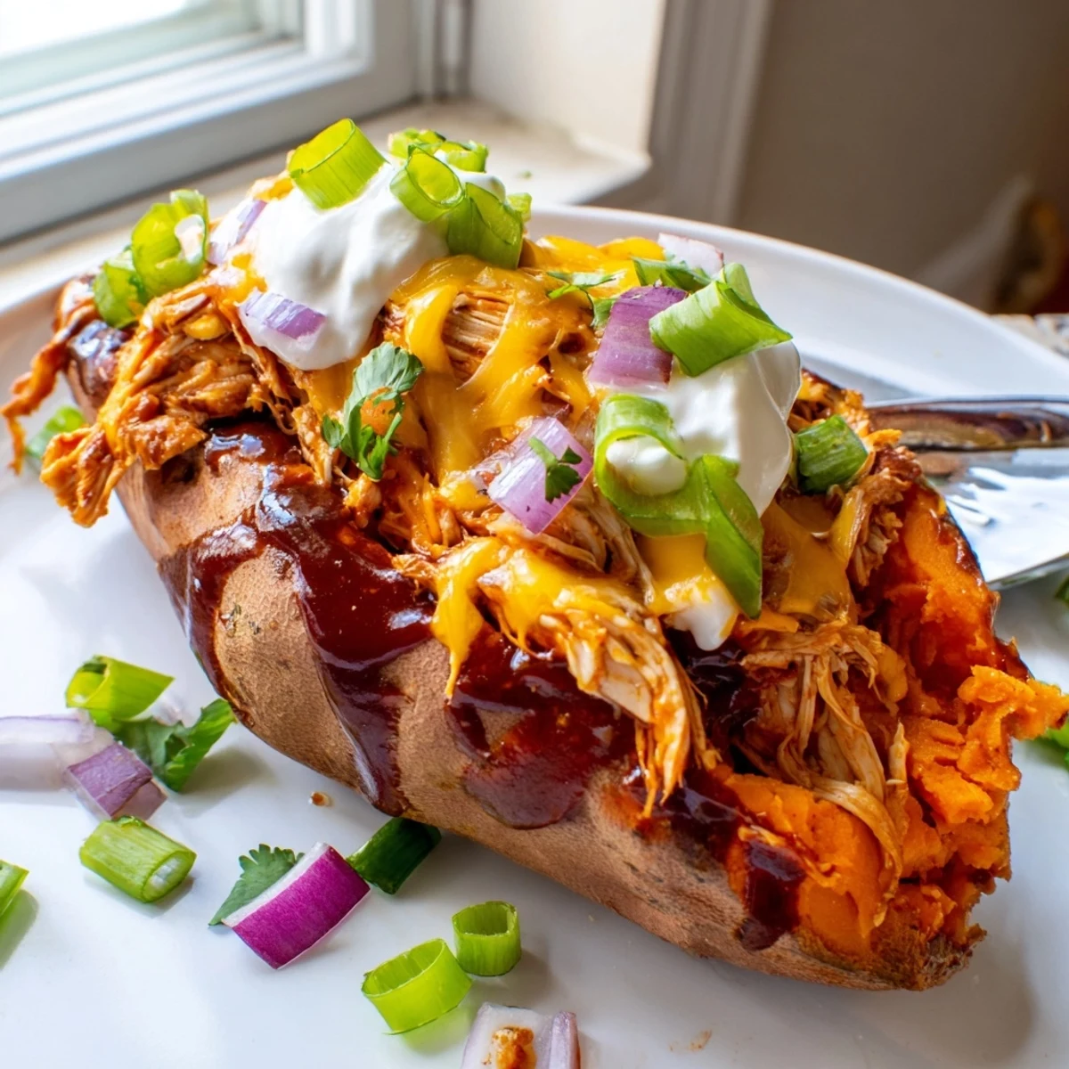 Golden roasted sweet potato topped with smoky BBQ chicken and melted cheddar cheese