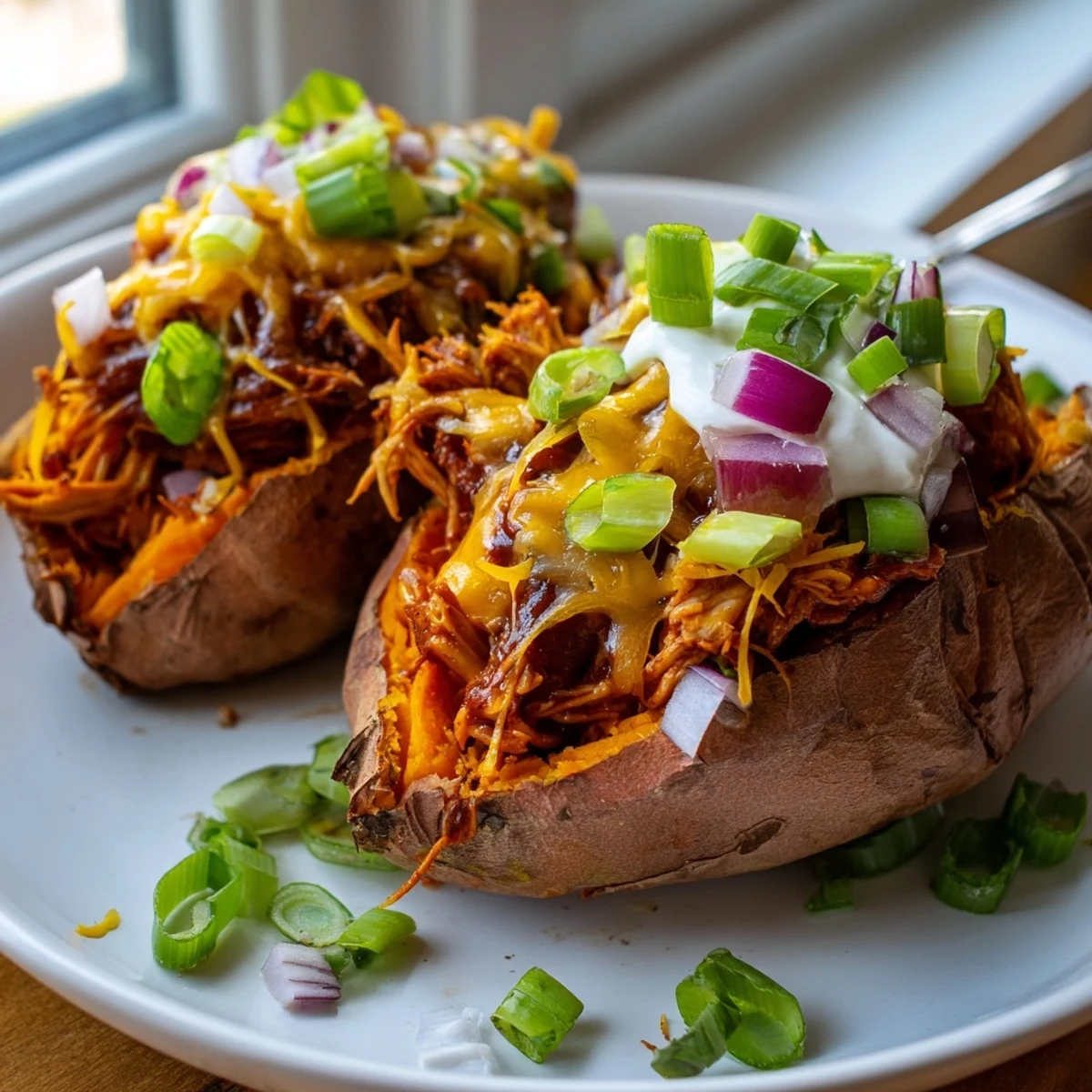 BBQ chicken stuffed sweet potatoes with gooey cheese and fresh green onion garnish