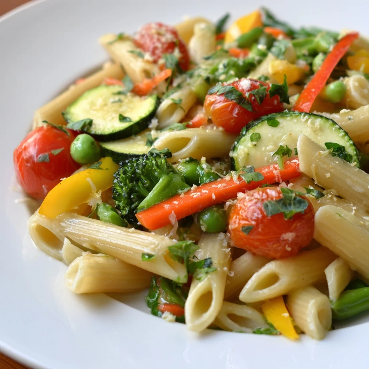 Colorful Pasta Primavera loaded with fresh spring vegetables in a light garlic sauce