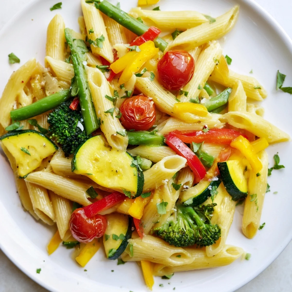 Creamy Pasta Primavera topped with shaved Parmesan and fresh basil leaves