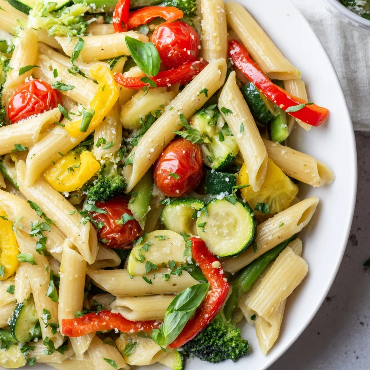 Vibrant Pasta Primavera in a white bowl showcasing tender crisp seasonal vegetables