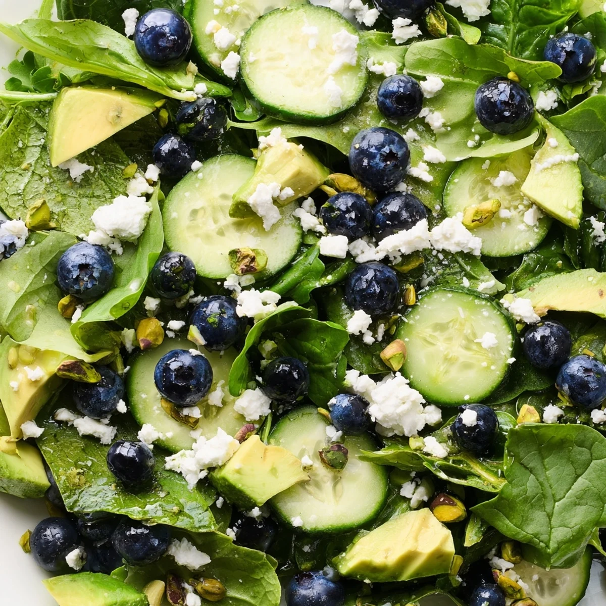 A vibrant blueberry pistachio spring salad tossed with creamy avocado and tangy feta