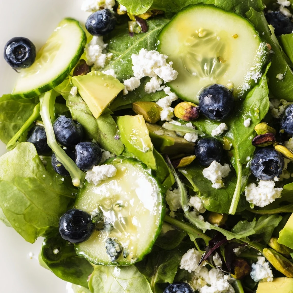 Fresh blueberry pistachio spring salad drizzled with lemon honey dressing on crisp greens