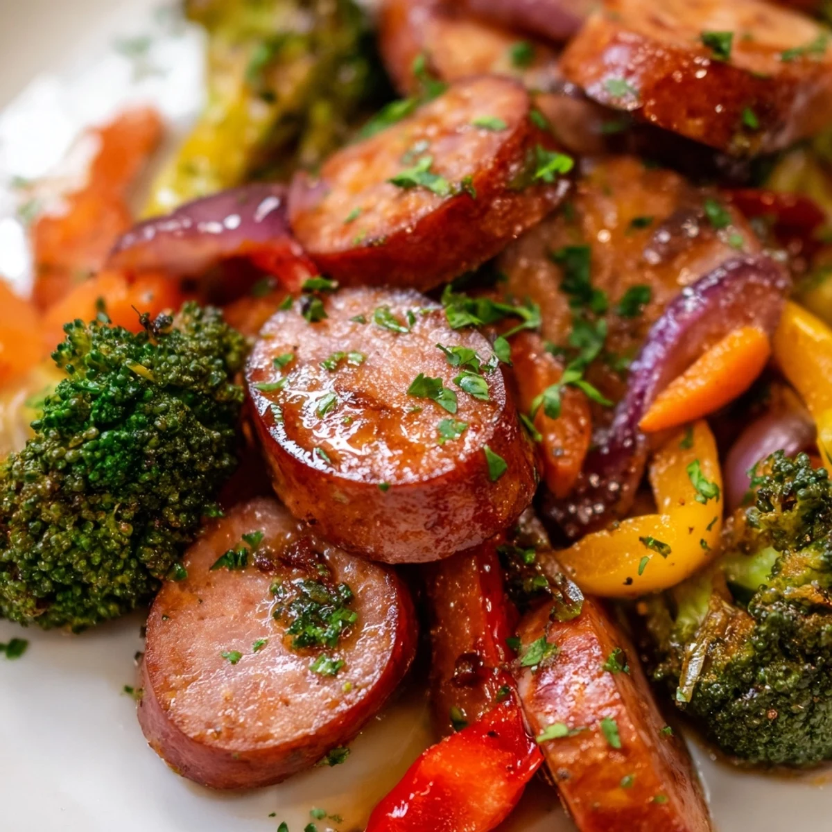 Caramelized honey garlic kielbasa with colorful roasted vegetables on a sheet pan