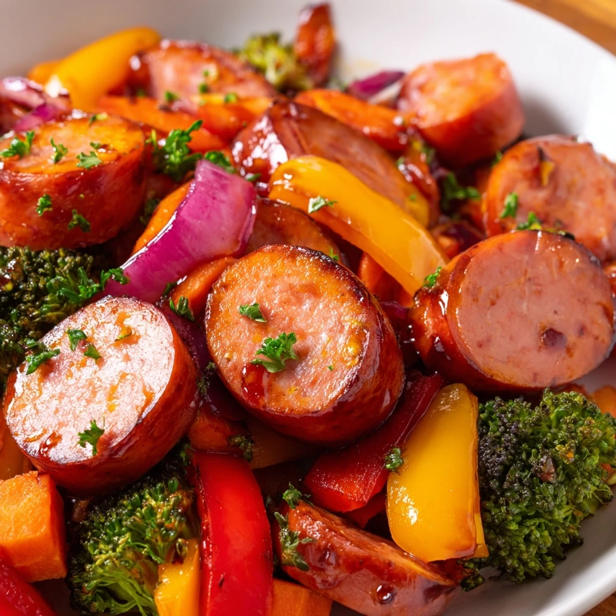 Smoky sliced kielbasa glistening with honey garlic glaze beside tender crisp broccoli and bell peppers