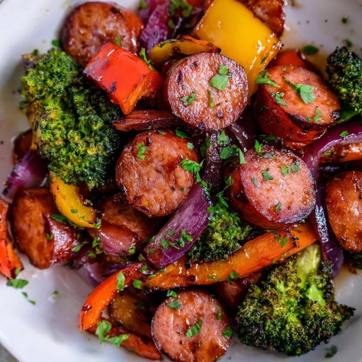 One pan honey garlic kielbasa and veggies drizzled in a sweet sticky sauce