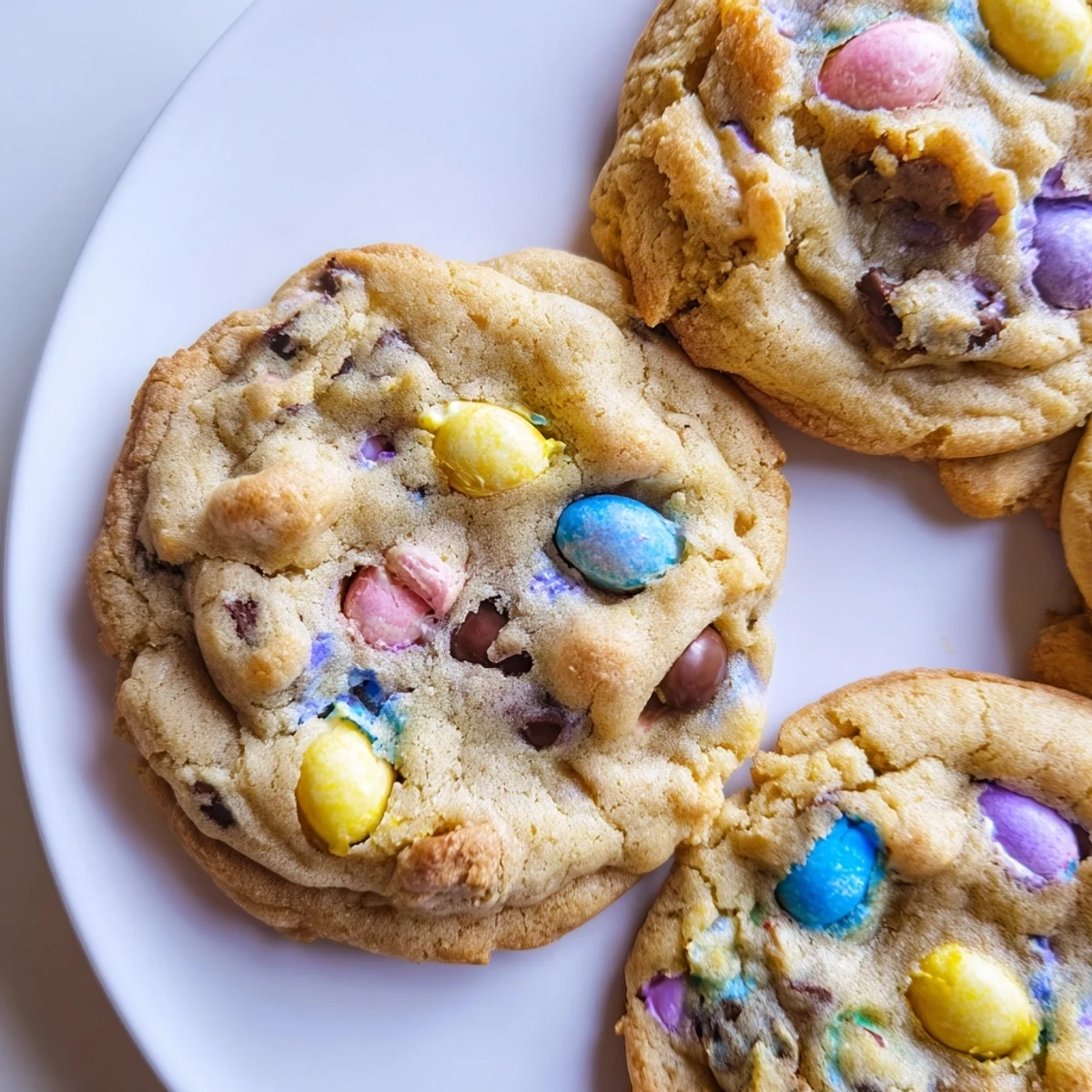 Soft Cadbury Egg Cookies with golden edges and colorful candy pieces on a rustic baking sheet