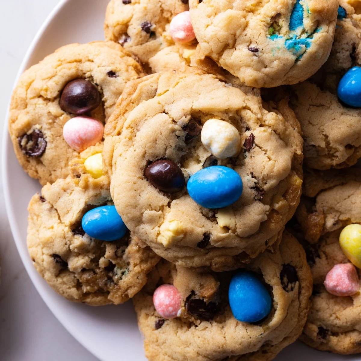 Chewy Cadbury Egg Cookies studded with chocolate chips and pastel candy bits served warm