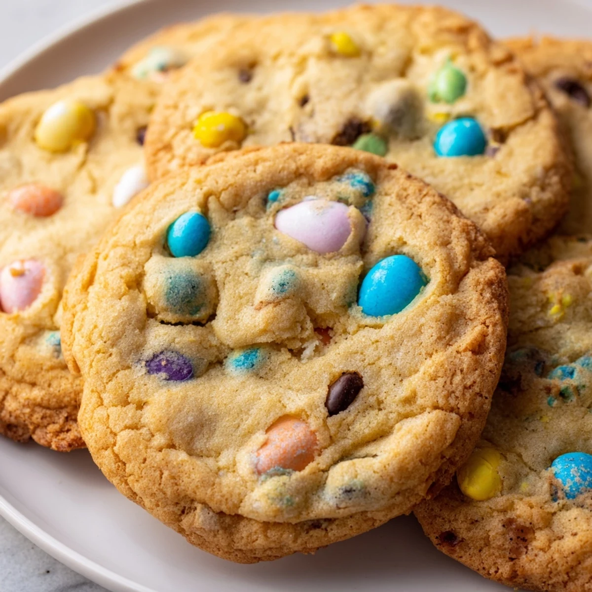 Freshly baked Cadbury Egg Cookies arranged on a wire rack with vibrant Easter egg fragments