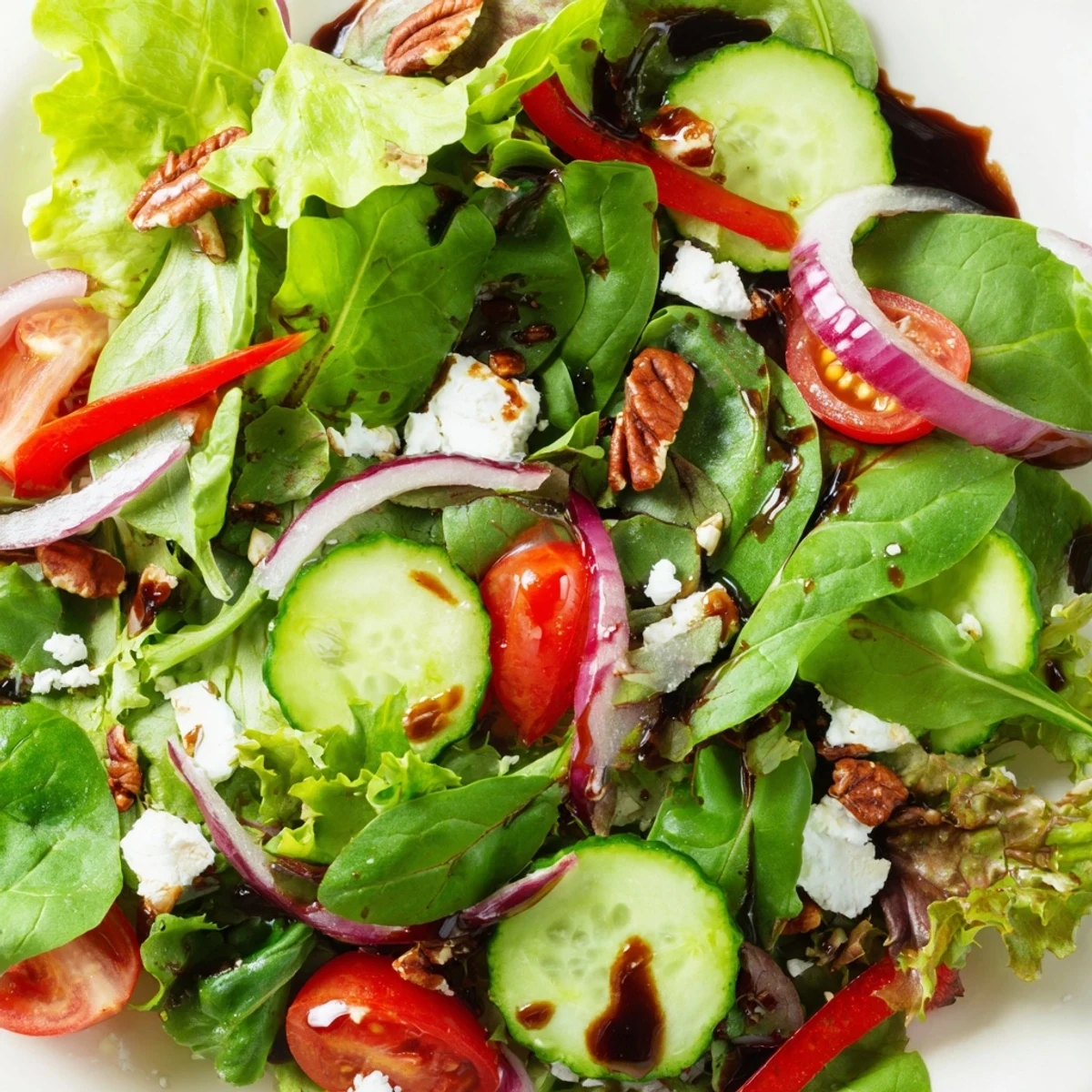 Fresh spring mix salad with colorful vegetables and tangy balsamic dressing in wooden bowl