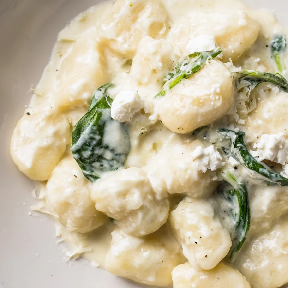 Creamy gnocchi with spinach and feta served in a rustic white bowl