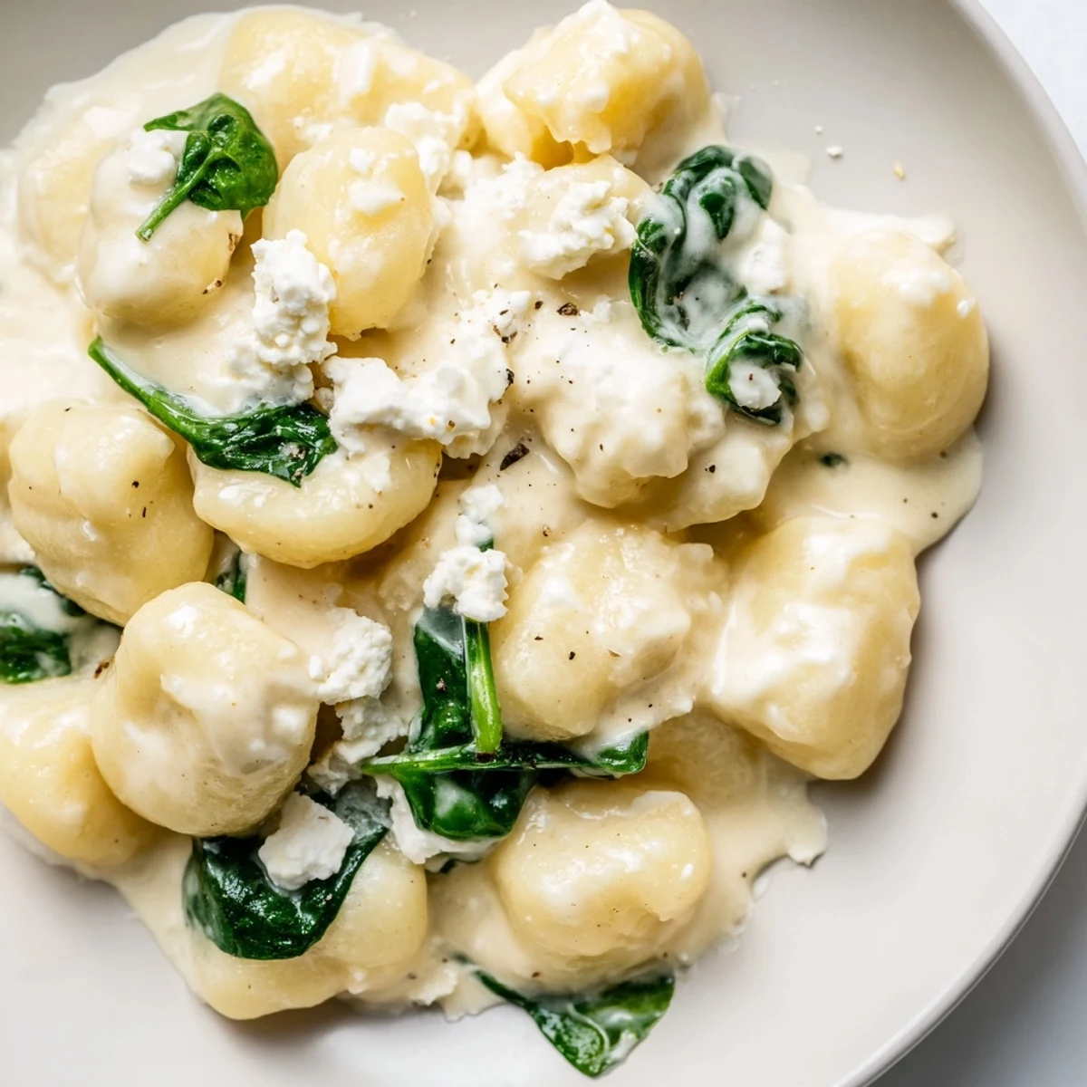 Soft potato gnocchi with spinach and feta glistening in velvety cream sauce