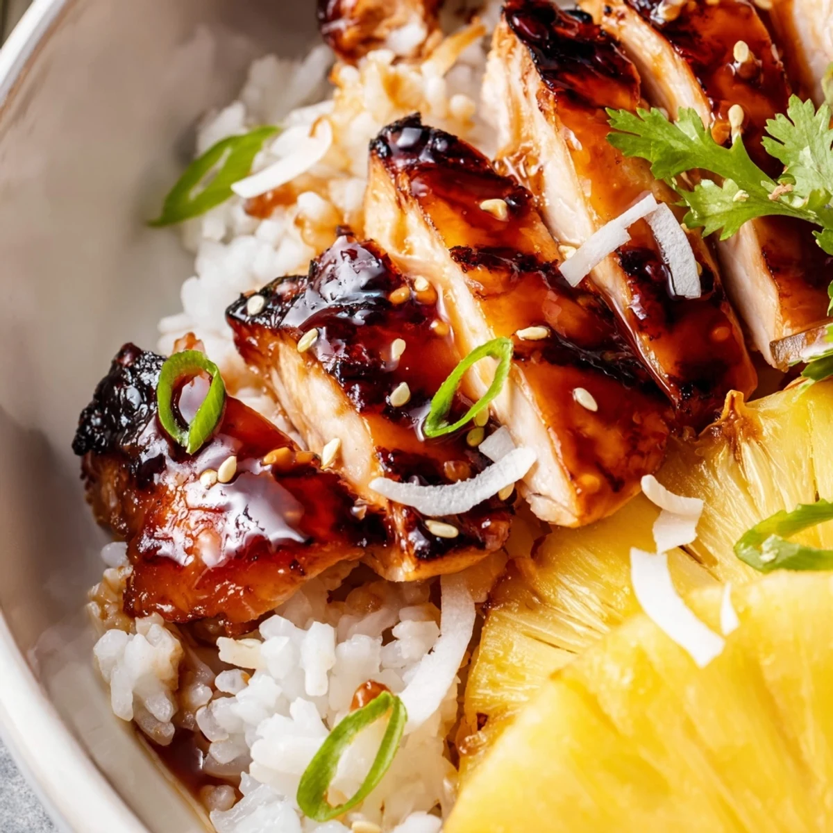 Grilled Hawaiian Chicken Coconut Rice topped with fresh pineapple chunks and green onions on a white plate