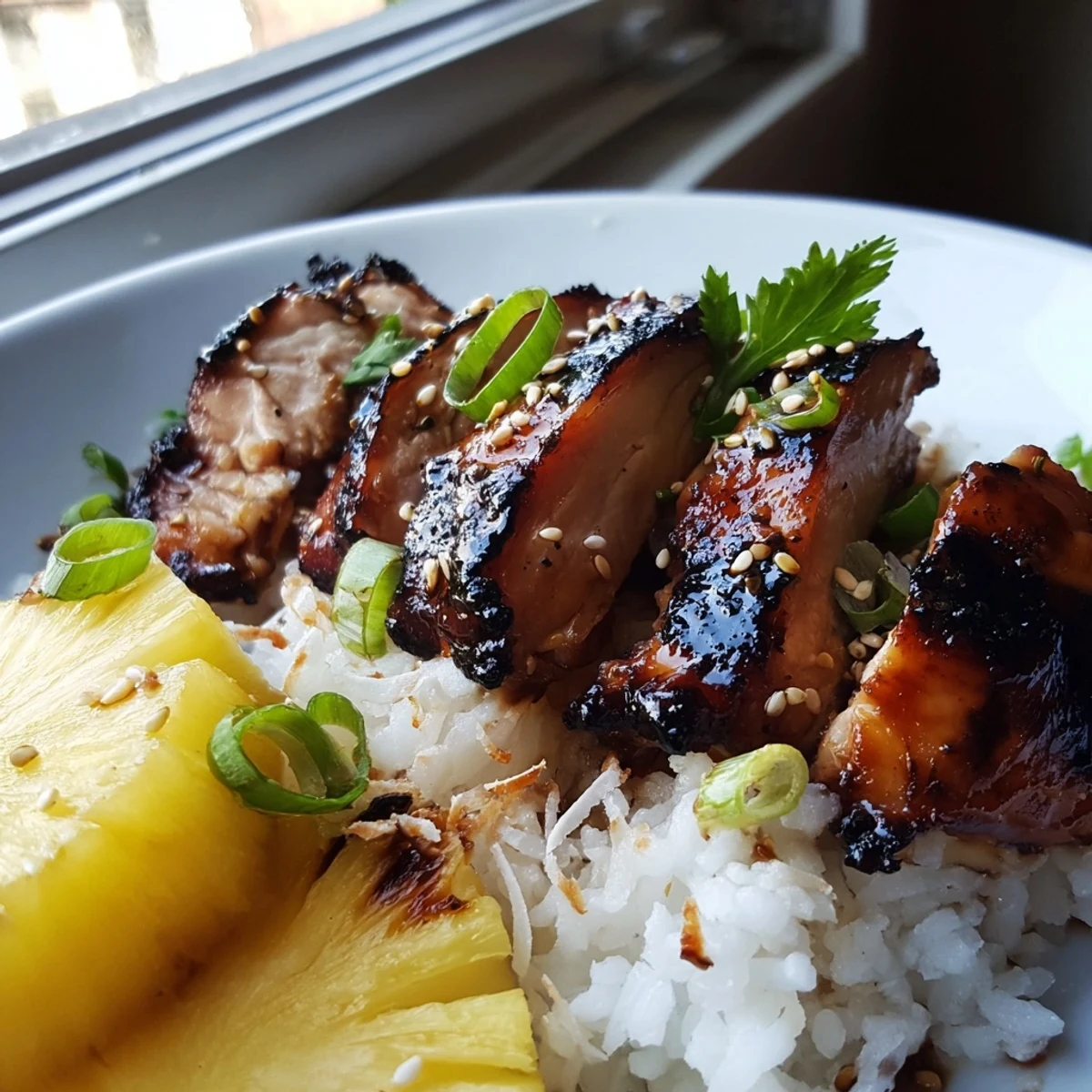 Creamy coconut rice served underneath caramelized Hawaiian Chicken with sesame seeds and tropical pineapple garnish