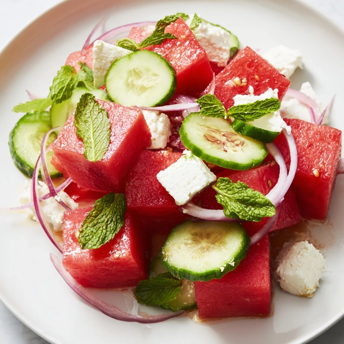 Juicy watermelon feta salad with crisp cucumber and fresh mint leaves glistening in olive oil dressing