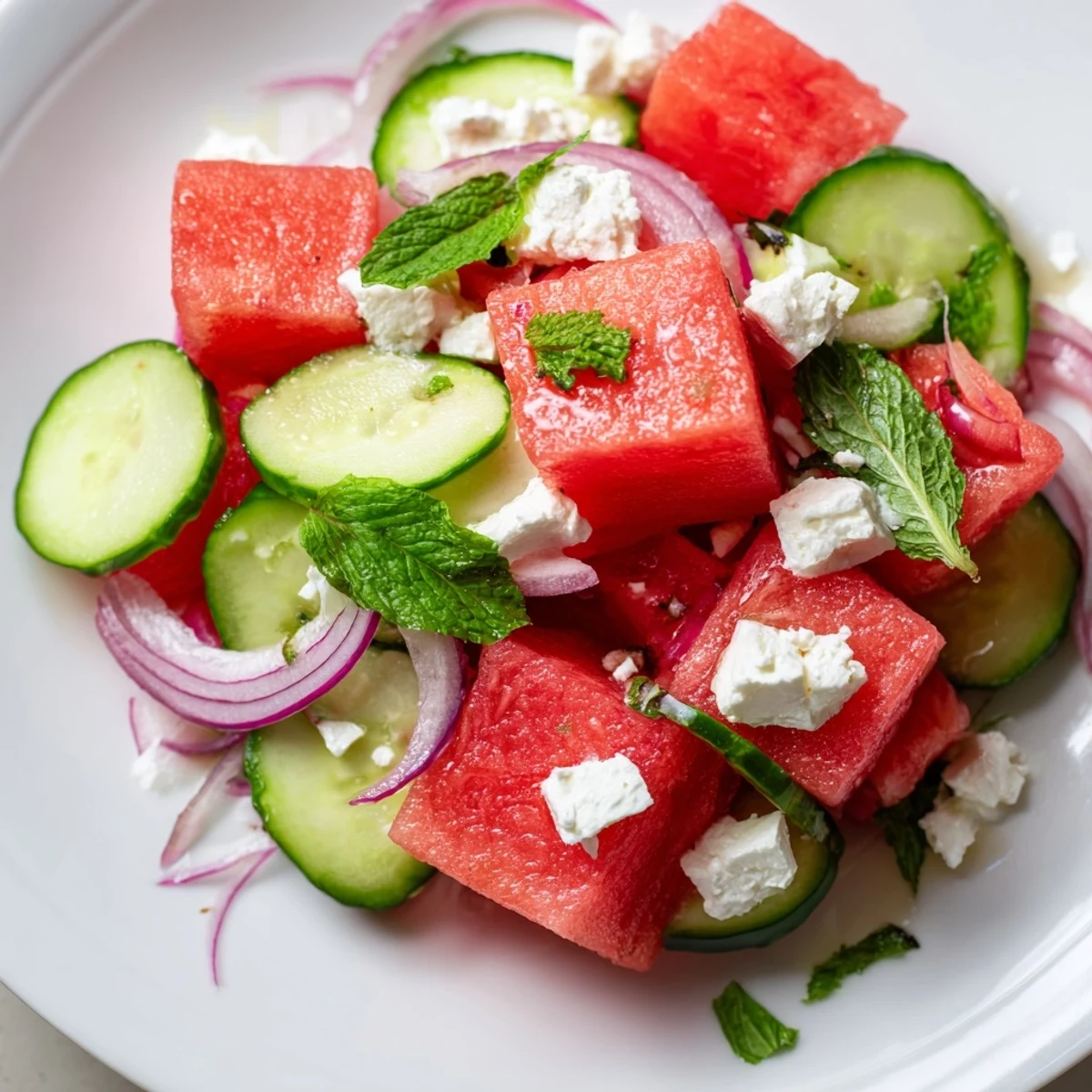 Vibrant watermelon feta salad topped with crumbled cheese red onion and torn mint on white plate