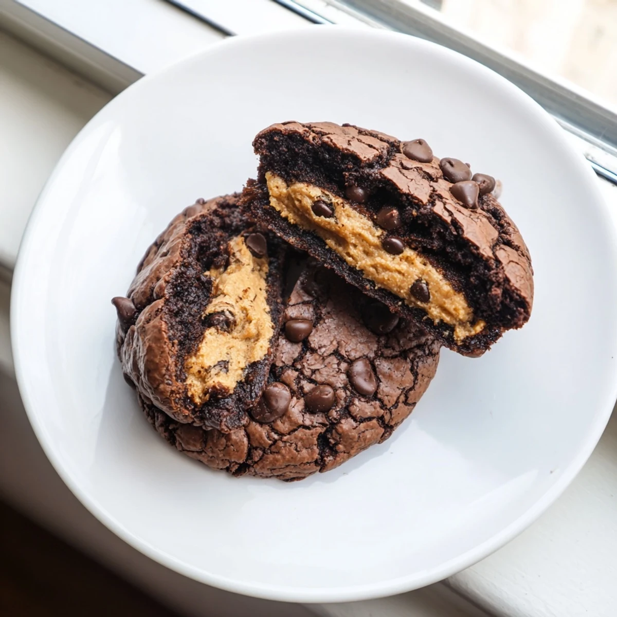 Fudgy brownie cookies stuffed with cookie dough displayed on rustic parchment paper