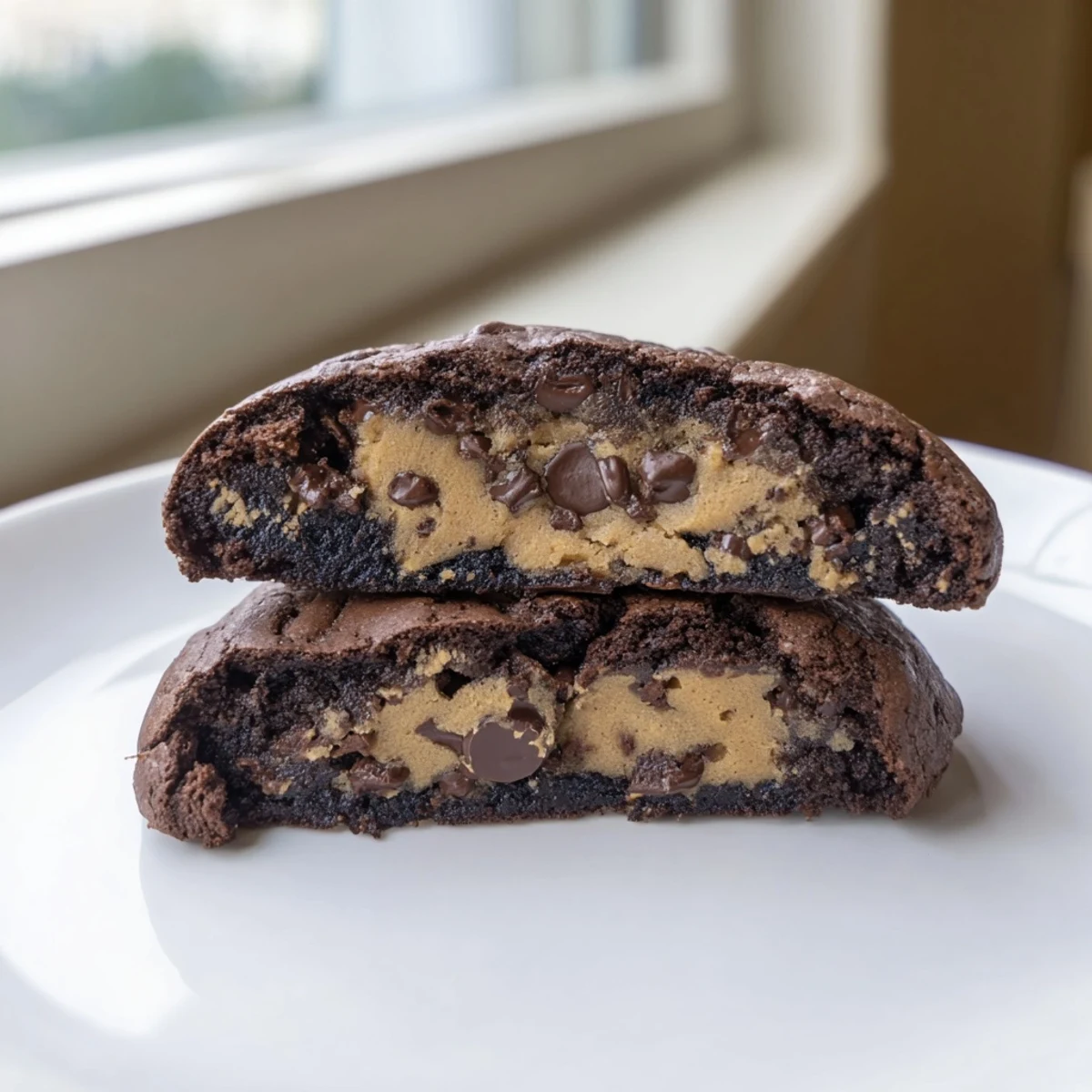 Crackly topped fudgy brownie cookies stuffed with cookie dough breaking open revealing center