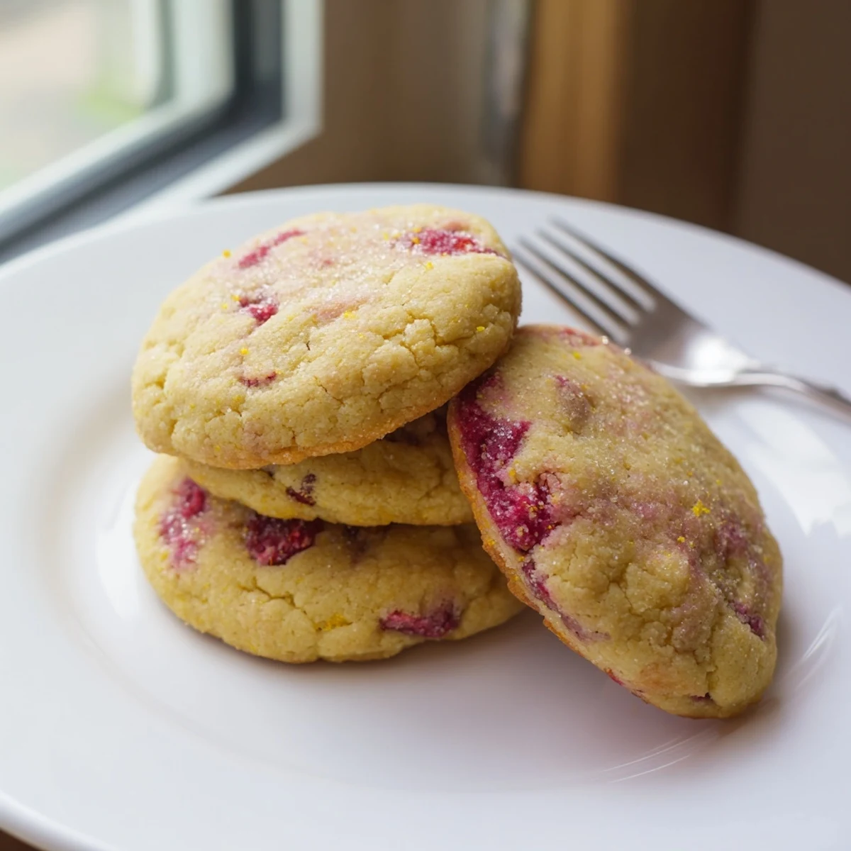 Soft Lemon Raspberry Cookies with golden edges and juicy red berries on rustic baking sheet