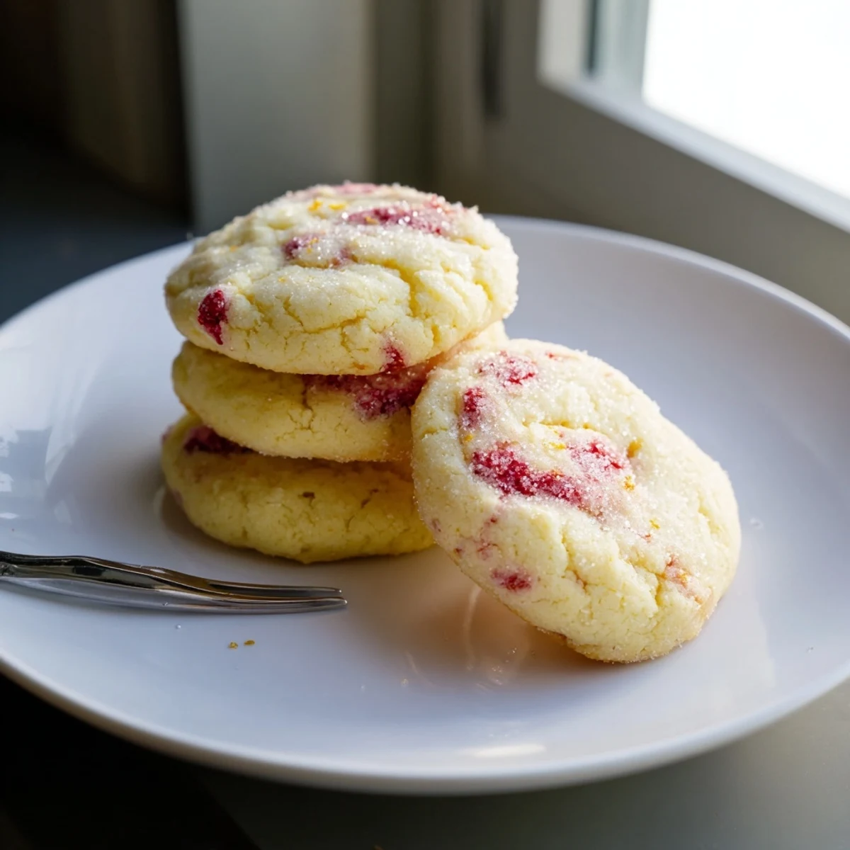 Fresh Lemon Raspberry Cookies stacked on white plate with zesty citrus glaze drizzle
