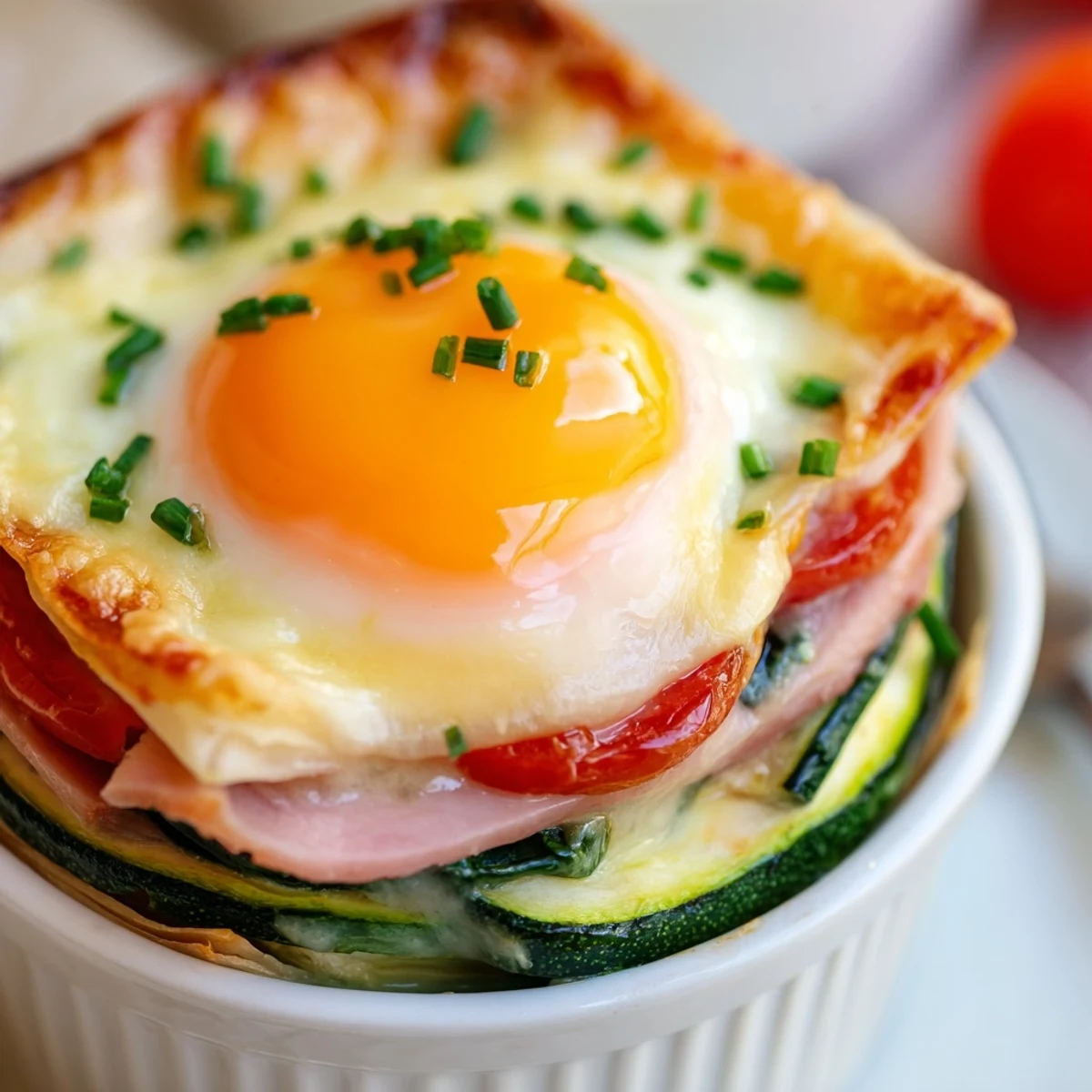 Golden baked eggs Napoleon with runny yolks atop layered ham, spinach, and creamy Gruyère sauce