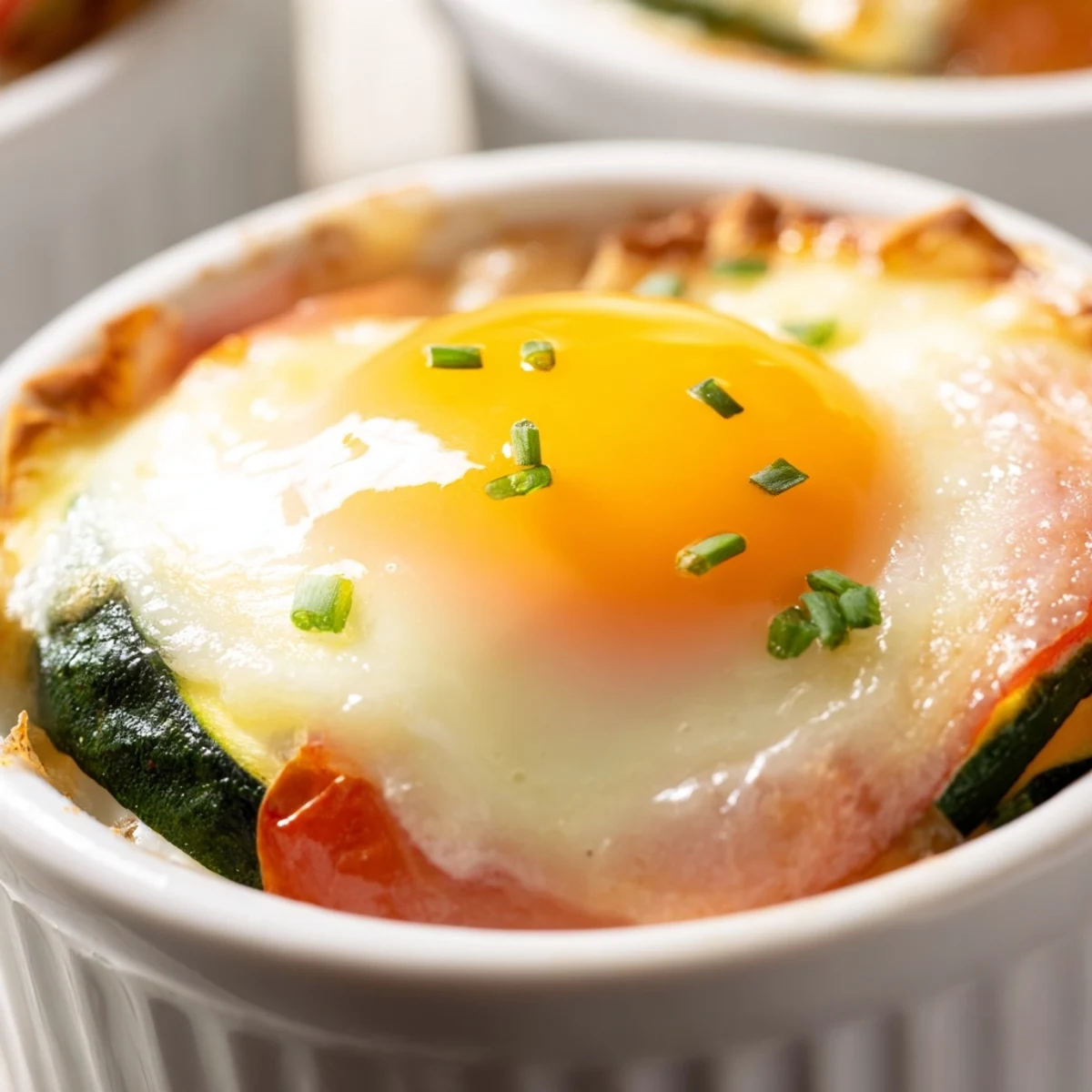 Creamy baked eggs Napoleon served in ramekins with wilted spinach, ham, and golden cheese sauce