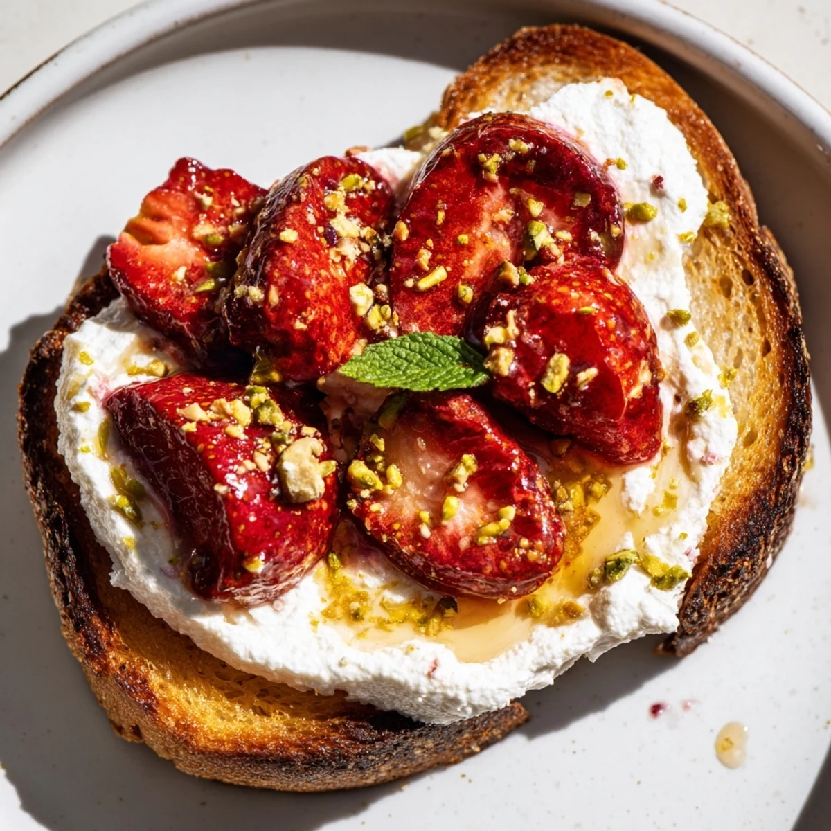Creamy whipped ricotta topped with sweet roasted strawberries on golden crispy sourdough toast