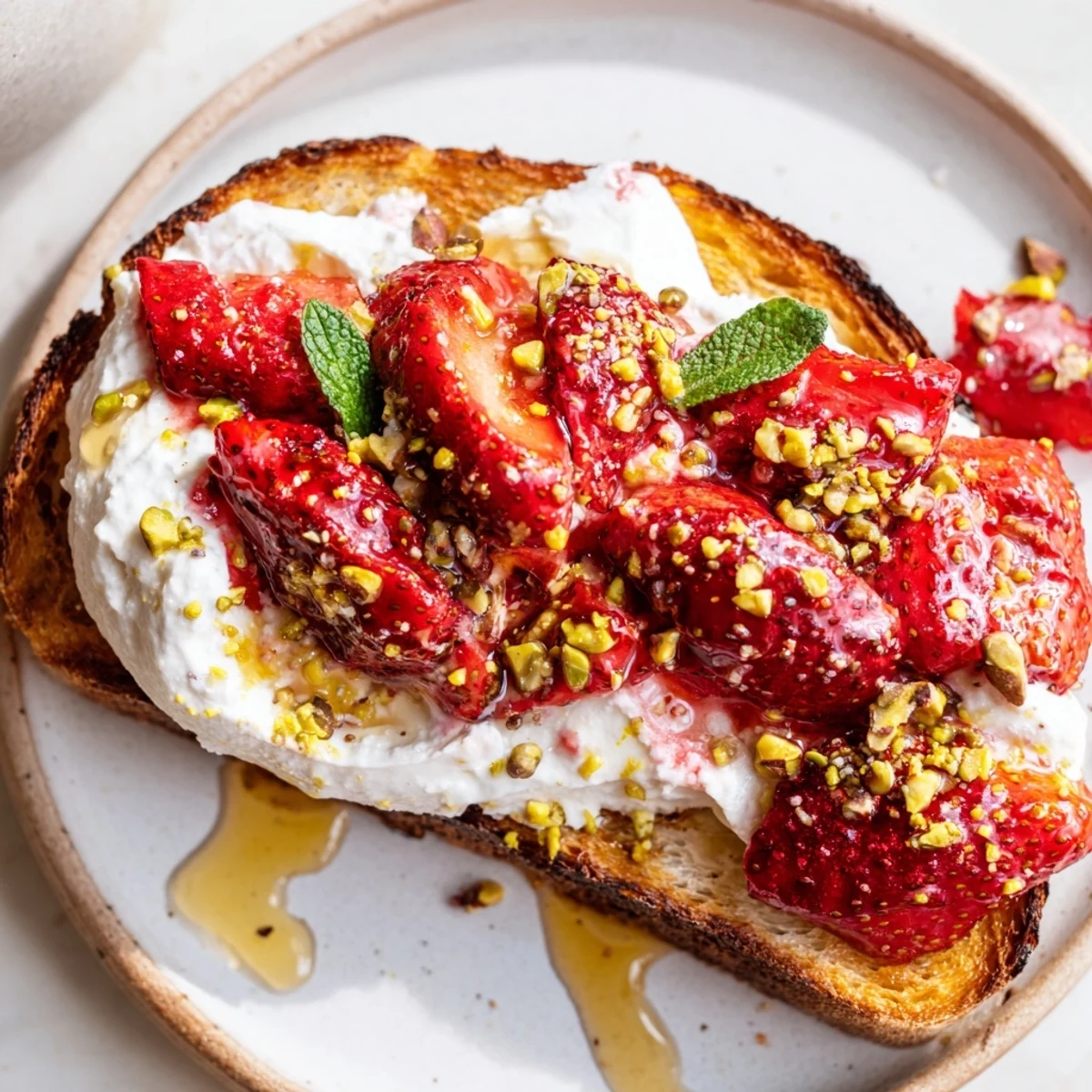 Roasted strawberry whipped ricotta toast with fresh mint and honey drizzle on crusty bread