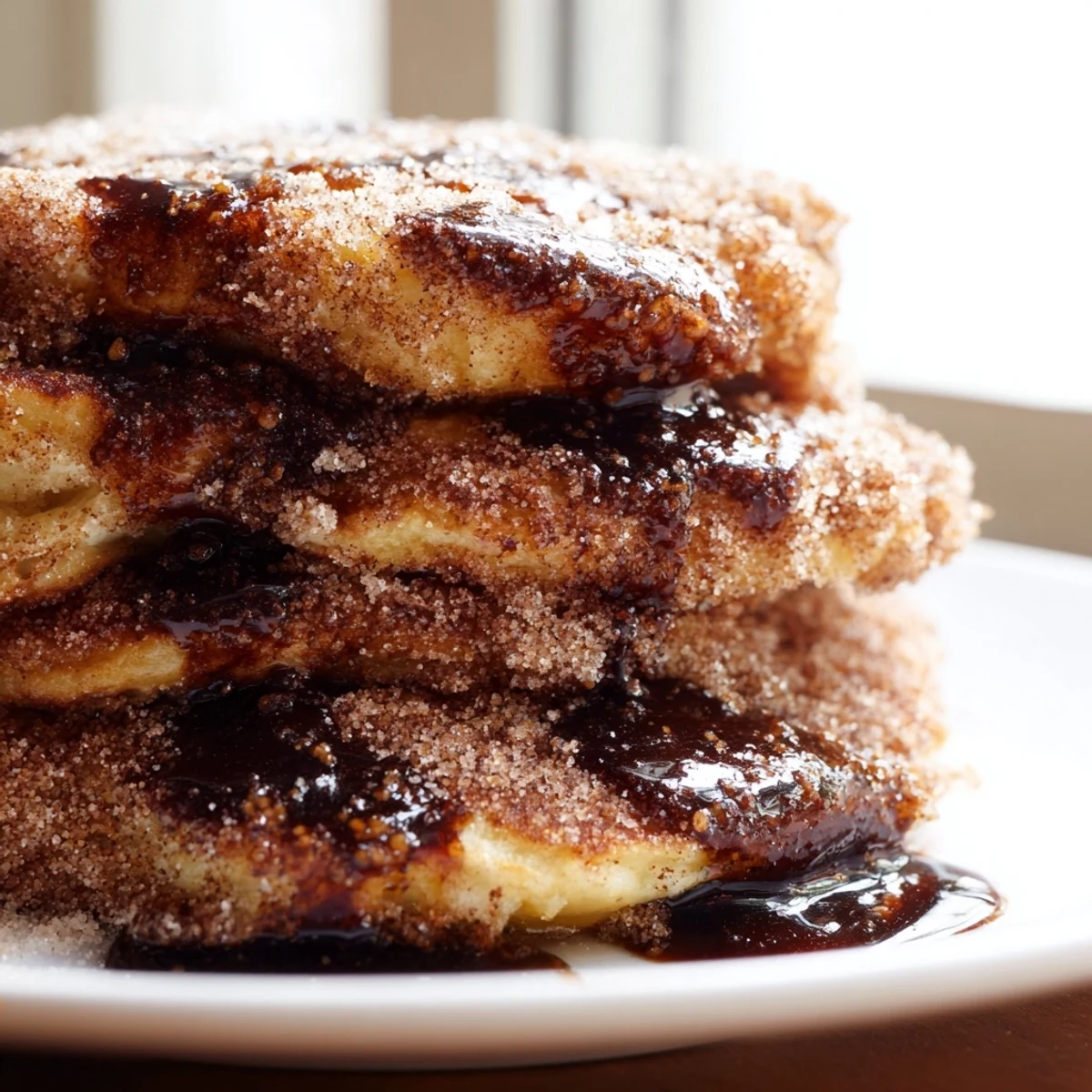 Fluffy Spanish churro pancakes stacked high with warm chocolate sauce drizzled generously on top