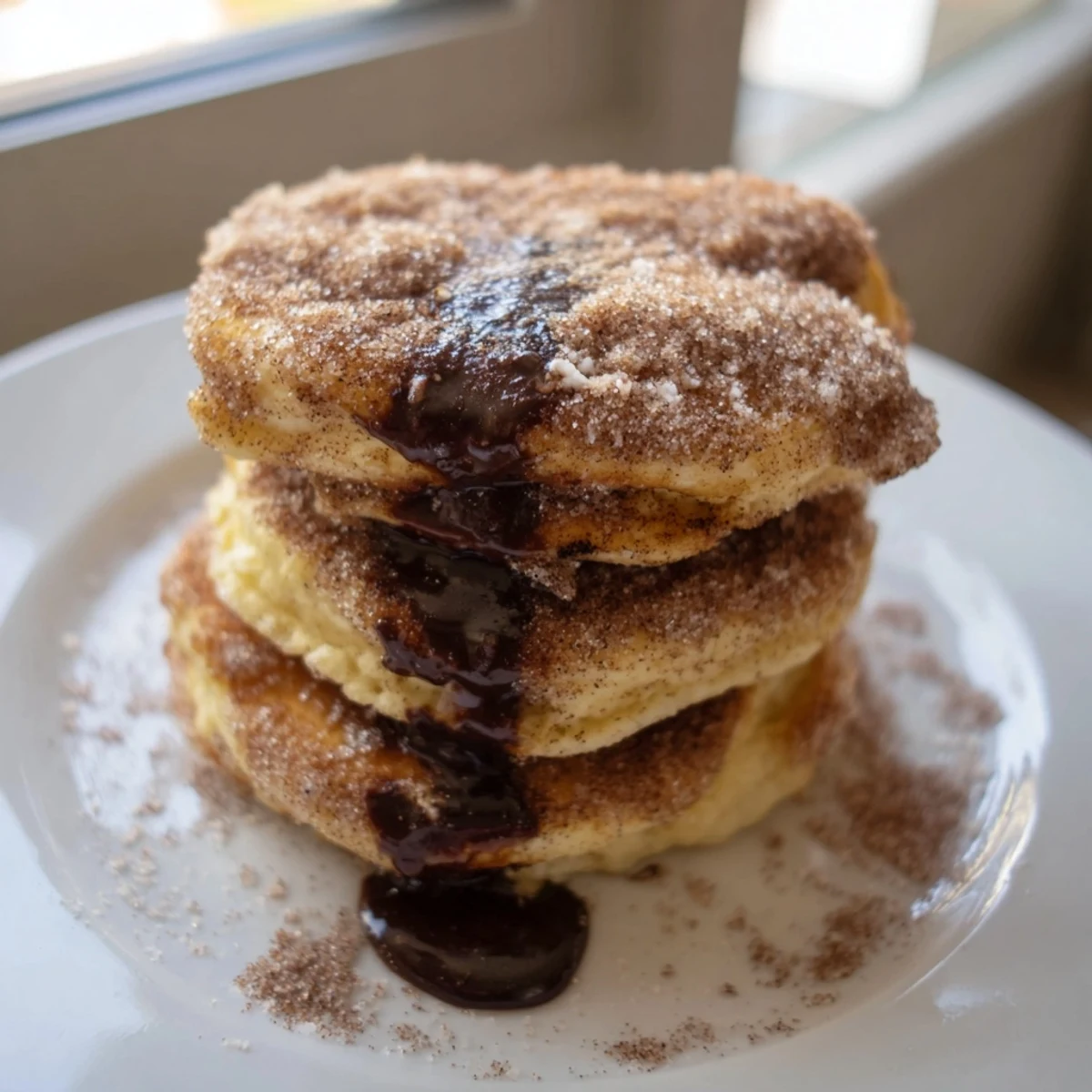 Golden cinnamon sugar coated Spanish churro pancakes served with rich dark chocolate dipping sauce