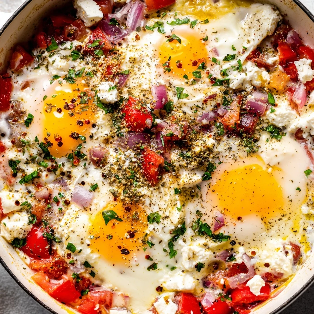 Golden baked feta eggs with runny yolks nestled in creamy cheese and roasted vegetables