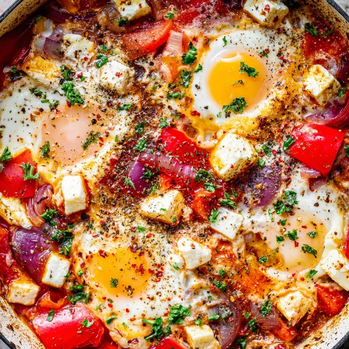 Warm skillet of baked feta eggs topped with fresh parsley and red pepper flakes