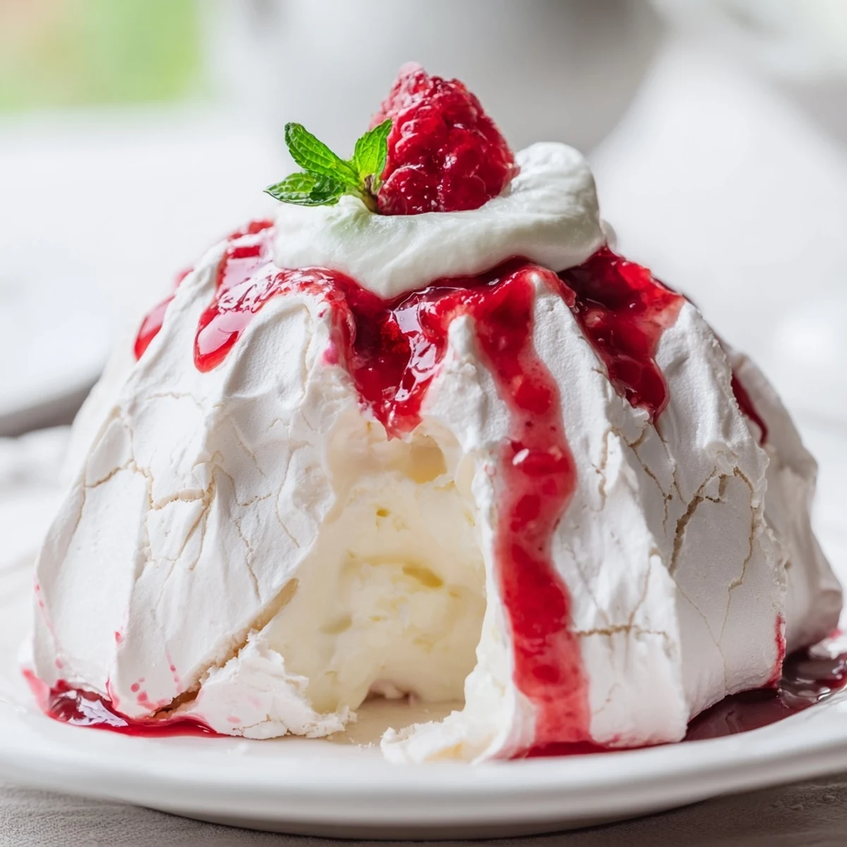Crisp Pavlova bombs with pillowy whipped cream and vibrant raspberry coulis drizzled on top