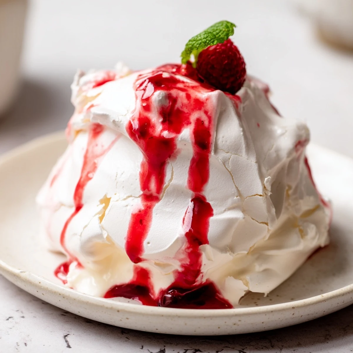 Golden meringue Pavlova bombs filled with fluffy cream and tangy red raspberry sauce