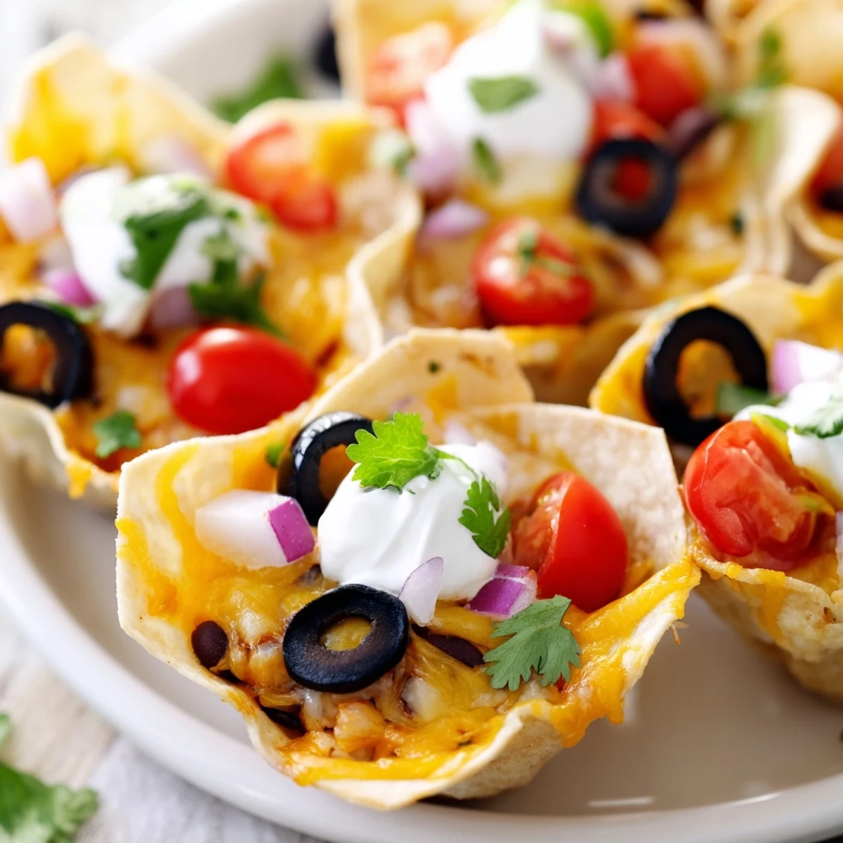 Golden cheesy nacho cups bubbling with melted cheddar and colorful fresh toppings in muffin tin