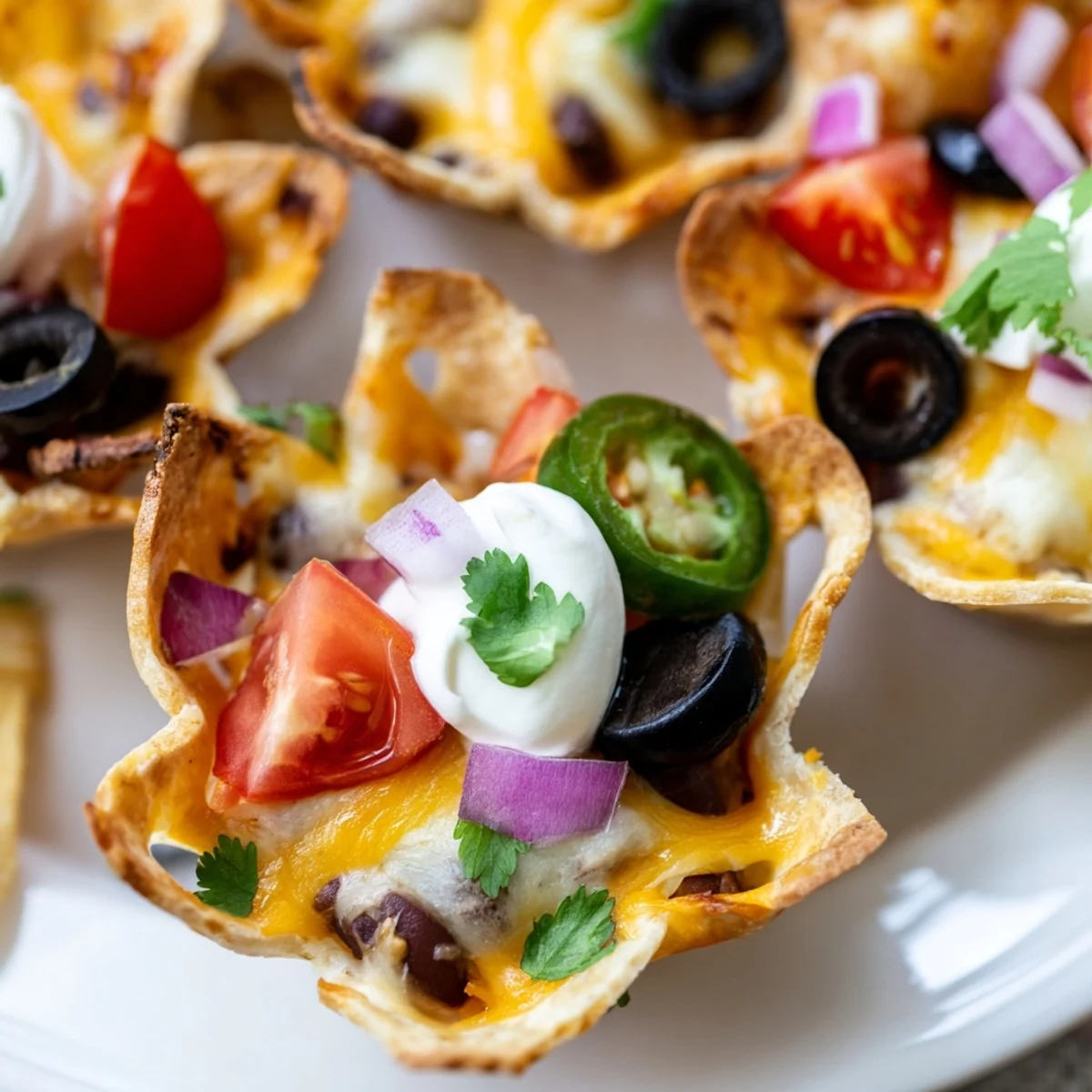 Crispy tortilla cups overflowing with gooey cheese, black beans, and zesty jalapeño slices