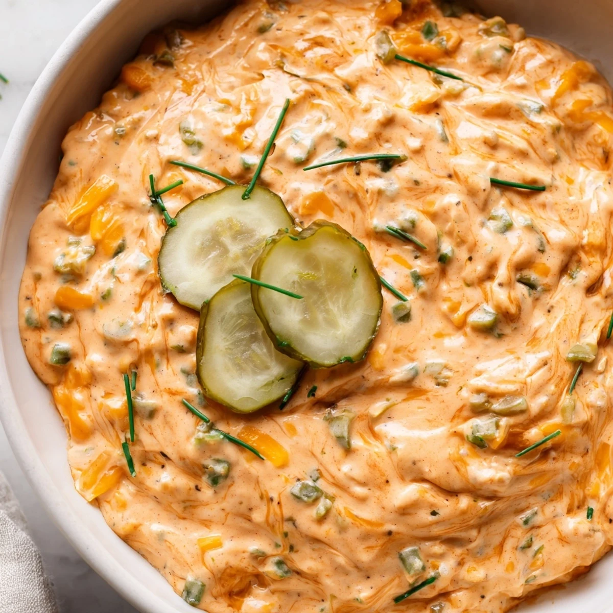 Creamy buffalo pickle dip in a rustic bowl surrounded by crunchy chips and fresh veggie sticks