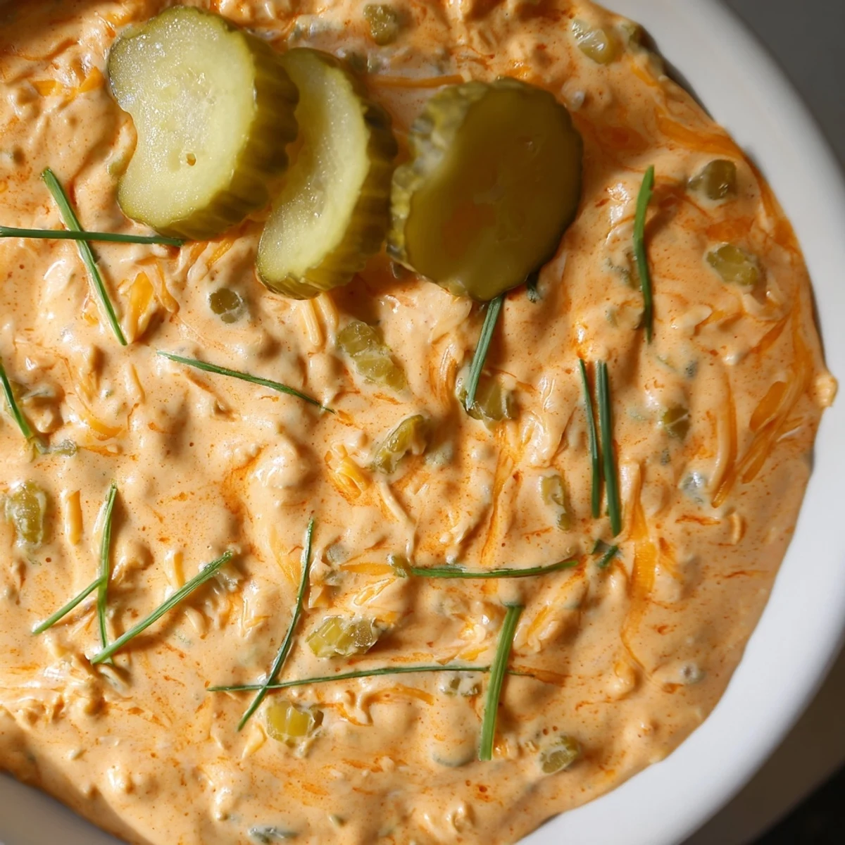 Tangy buffalo pickle dip topped with cheddar cheese and fresh chives in serving dish
