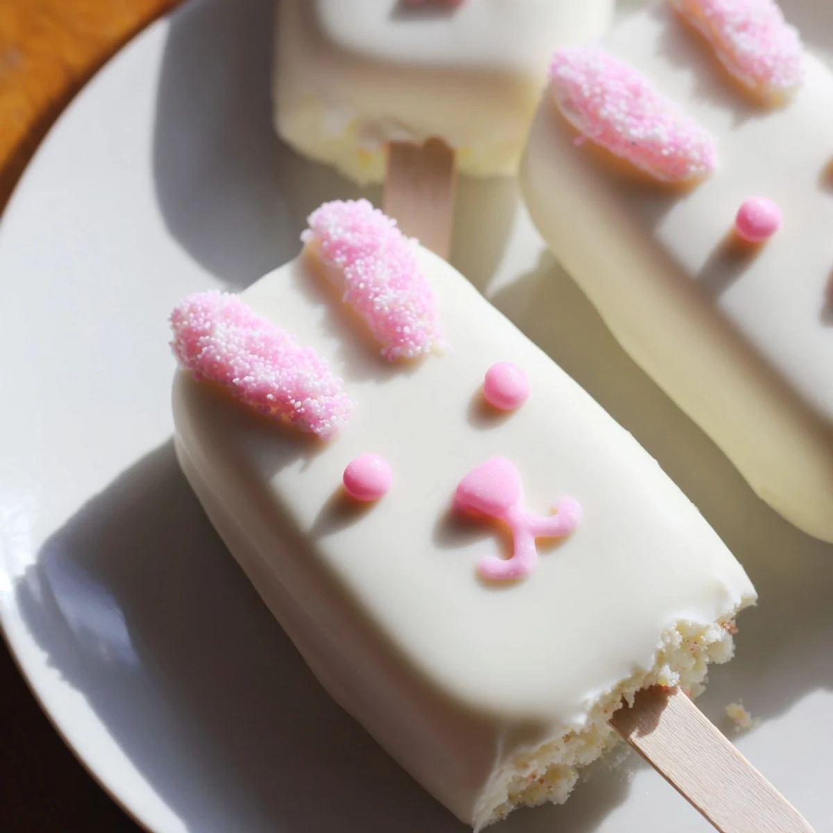 Adorable white chocolate bunny cakesicles with candy eyes and pink ears on sticks