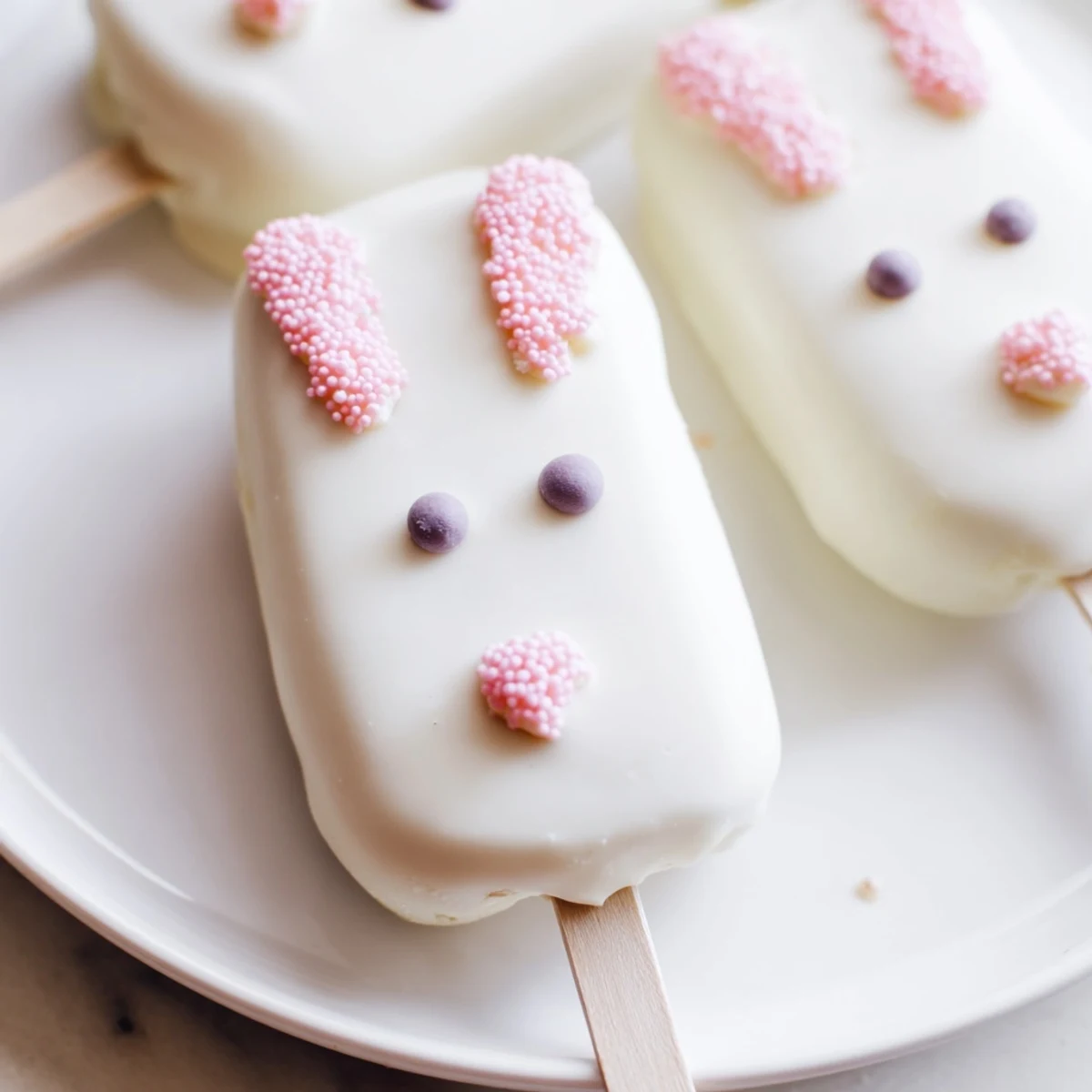 Creamy white chocolate bunny cakesicles decorated with sprinkles for Easter celebrations