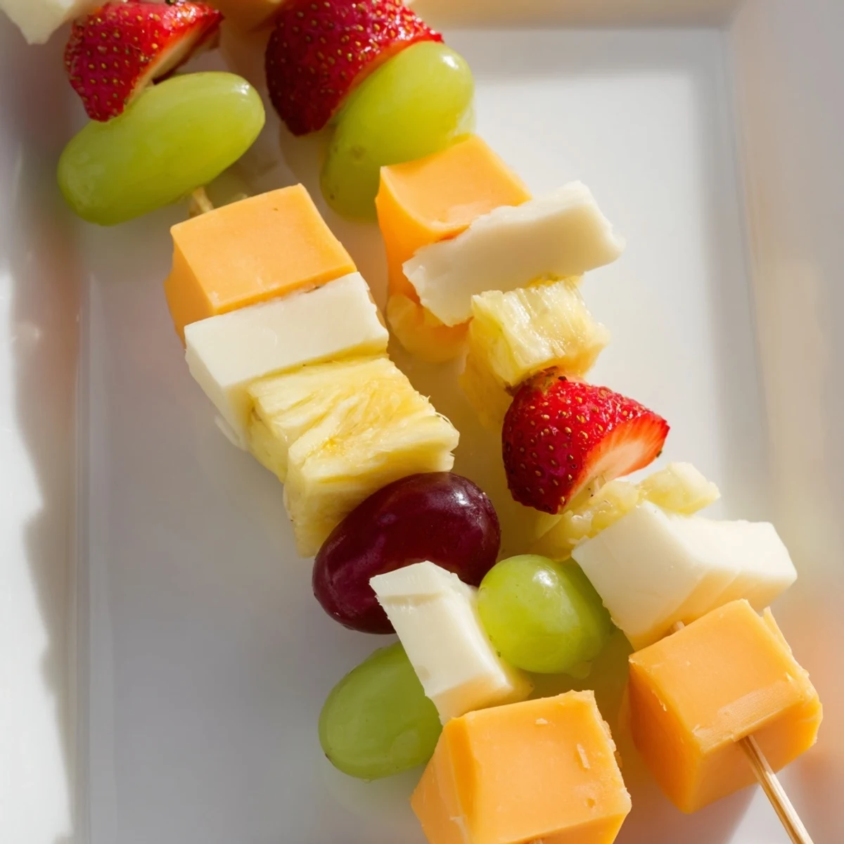 Colorful fruit and cheese kabobs arranged on platter with grapes strawberries pineapple and cubed cheddar