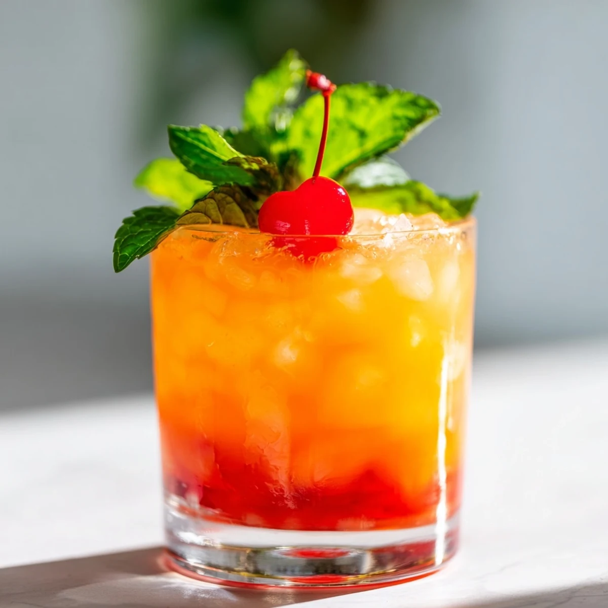 Non Alcoholic Mai Tai mocktail garnished with fresh orange slice and bright red cherry