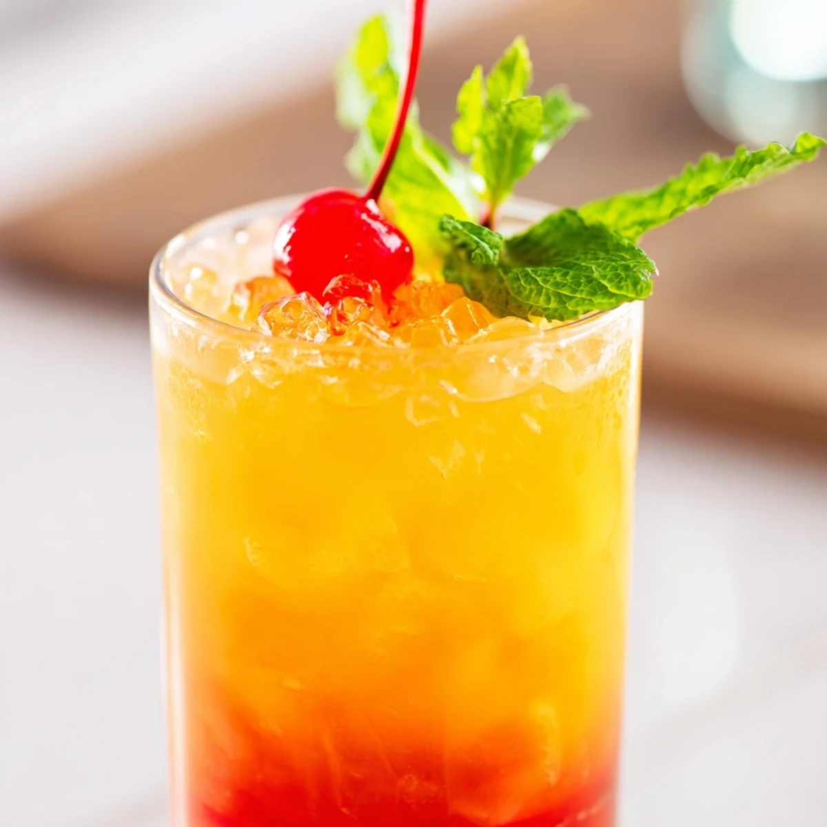 Tropical Non Alcoholic Mai Tai served over crushed ice with grenadine sunset layers