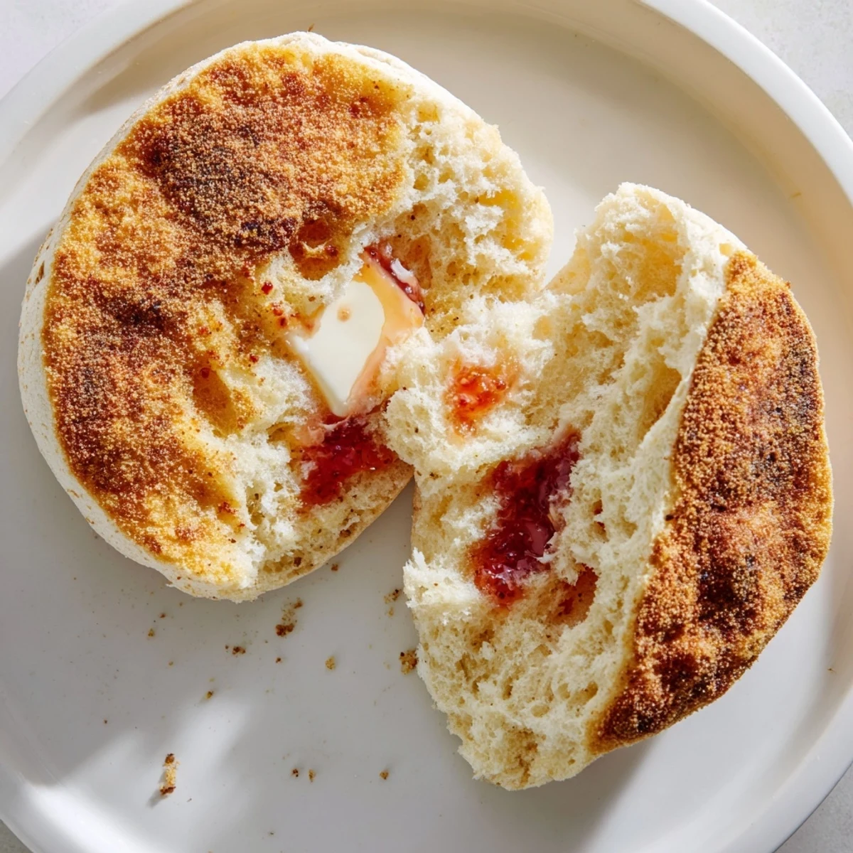 Golden homemade English muffins with cornmeal dusting split open revealing nooks and crannies