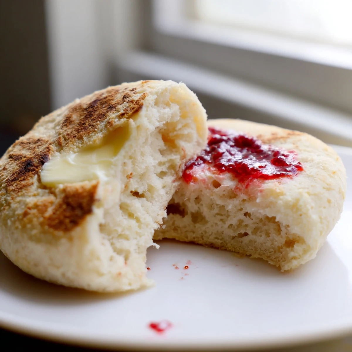 Freshly griddled homemade English muffins cooling on rack with signature crispy edges